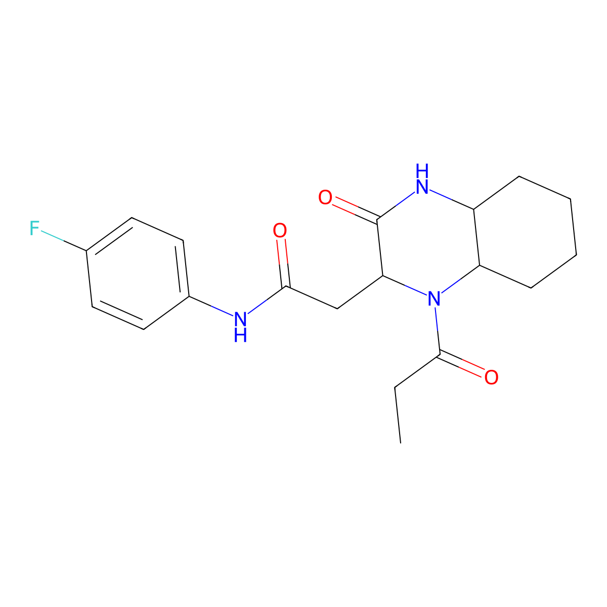 N-(4-fluorophenyl)-2-(3-oxo-1-propanoyldecahydroquinoxalin-2-yl)acetamide molecular structure, CAS 1007931-91-0