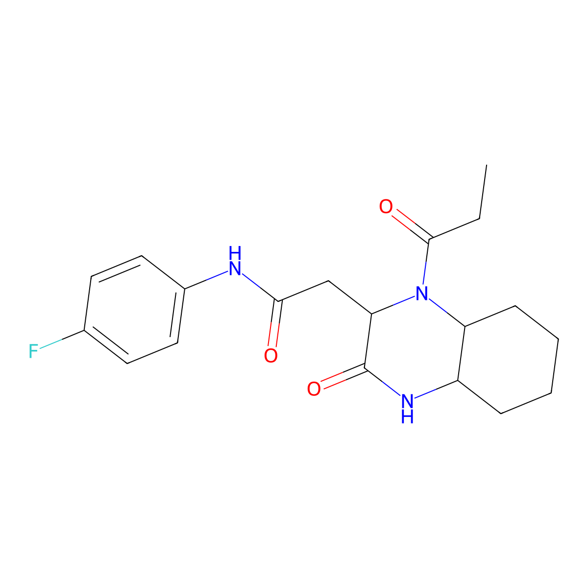 N-(4-fluorophenyl)-2-(3-oxo-1-propanoyldecahydroquinoxalin-2-yl)acetamide molecular structure, CAS 1007931-91-0