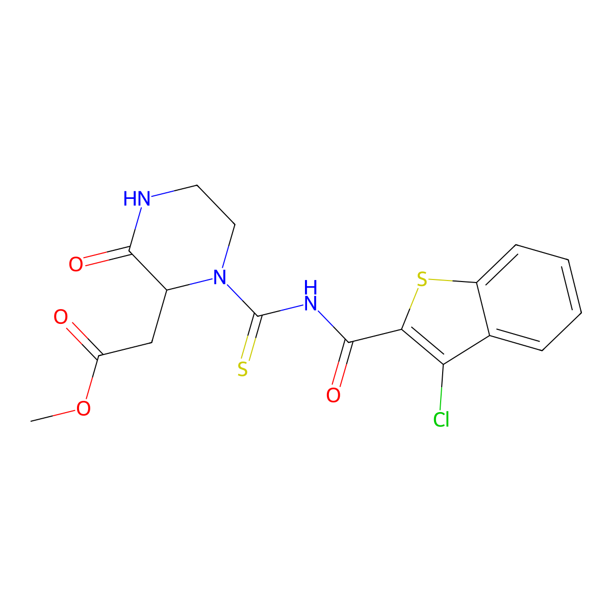 Methyl [1-({[(3-chloro-1-benzothien-2-yl)carbonyl]amino}carbonothioyl)-3-oxo-2-piperazinyl]acetate molecular structure, CAS 1007999-84-9