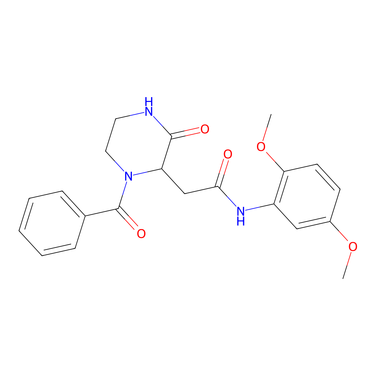 N-(2,5-dimethoxyphenyl)-2-[3-oxo-1-(phenylcarbonyl)piperazin-2-yl]acetamide molecular structure, CAS 1008009-44-6