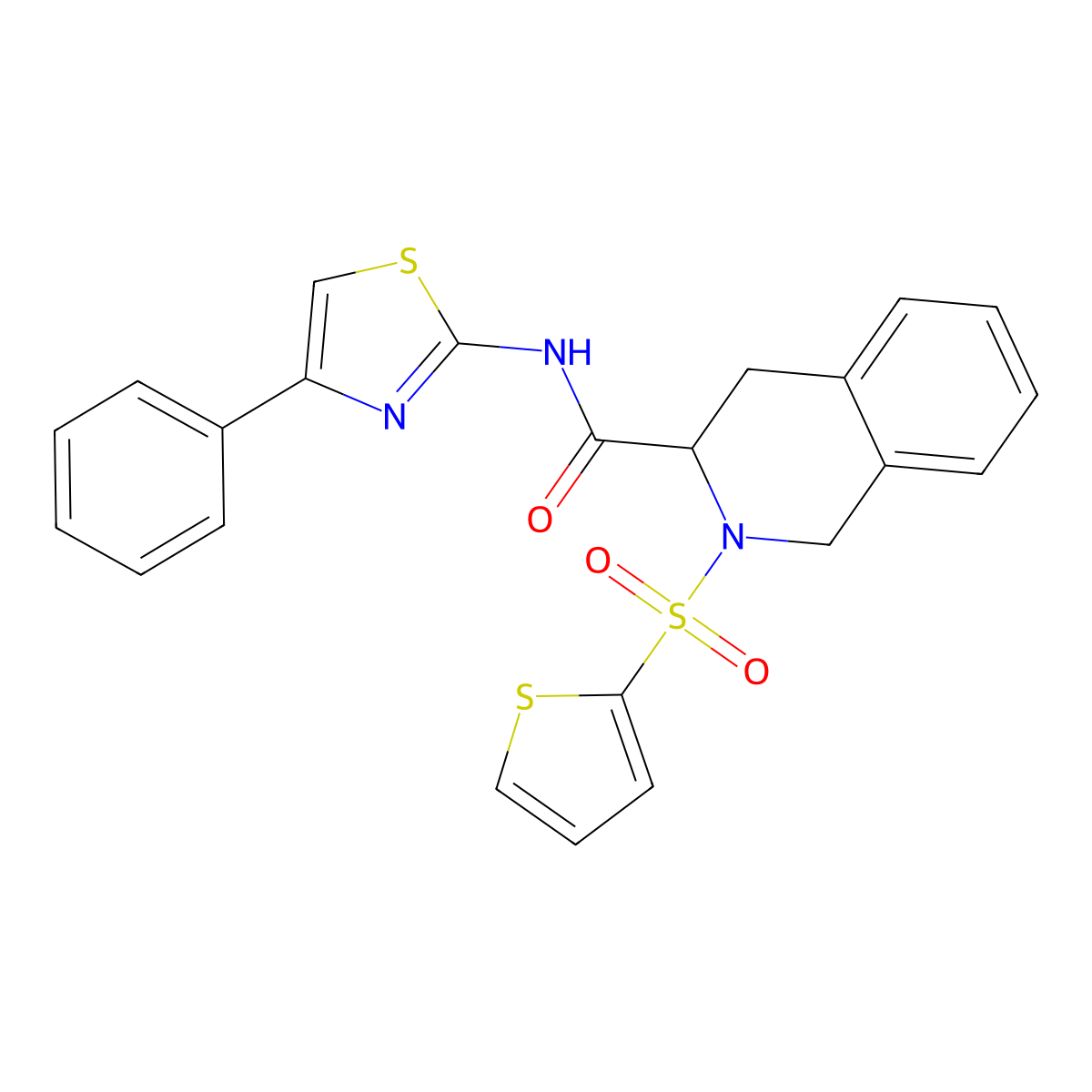N-(4-phenyl-1,3-thiazol-2-yl)-2-thiophen-2-ylsulfonyl-3,4-dihydro-1H-isoquinoline-3-carboxamide molecular structure, CAS 1008050-95-0
