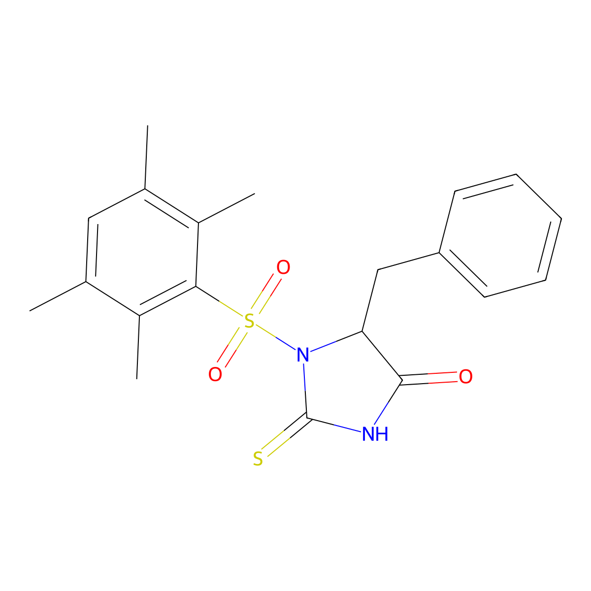 5-Benzyl-1-((2,3,5,6-tetramethylphenyl)sulfonyl)-2-thioxoimidazolidin-4-one molecular structure, CAS 1008063-90-8