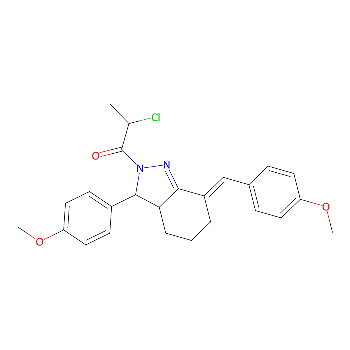 2-chloro-1-[3-(4-methoxyphenyl)-7-[(4-methoxyphenyl)methylidene]-3,3a,4,5,6,7-hexahydro-2H-indazol-2-yl]propan-1-one molecular structure, CAS 1008069-34-8