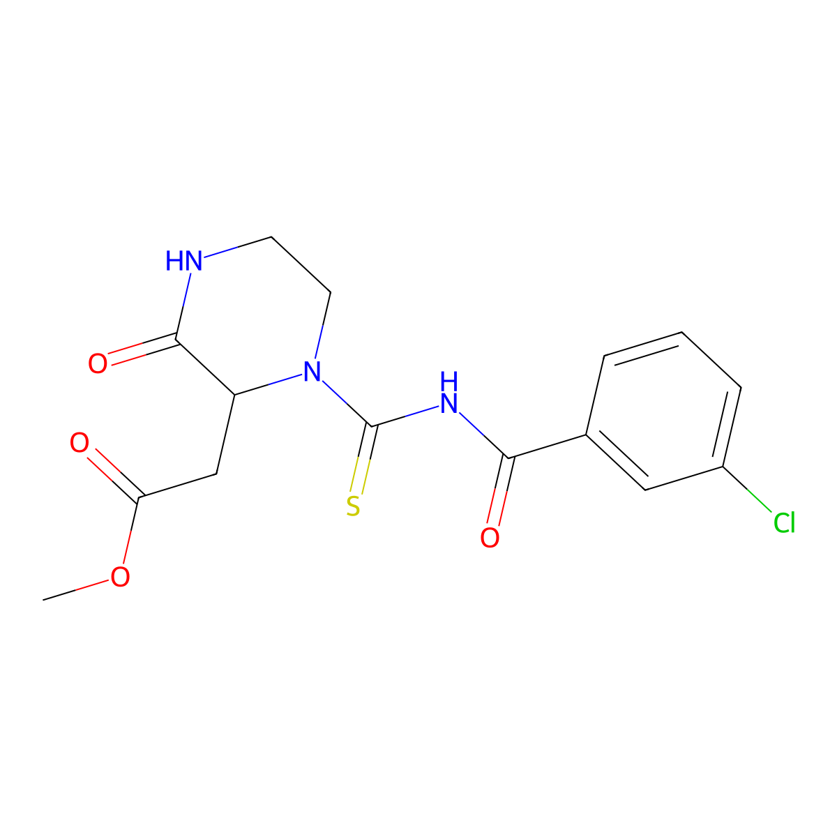 Methyl 2-(1-((3-chlorobenzoyl)carbamothioyl)-3-oxopiperazin-2-yl)acetate molecular structure, CAS 1008070-89-0