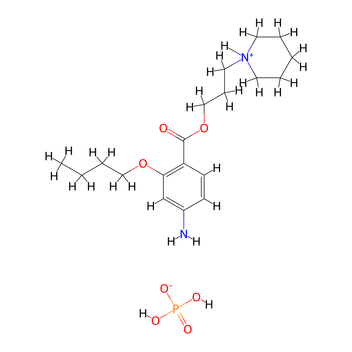 Benzoic acid, 4-amino-2-butoxy-, 3-piperidinopropyl ester, hydrogen phosphate molecular structure, CAS 100811-78-7