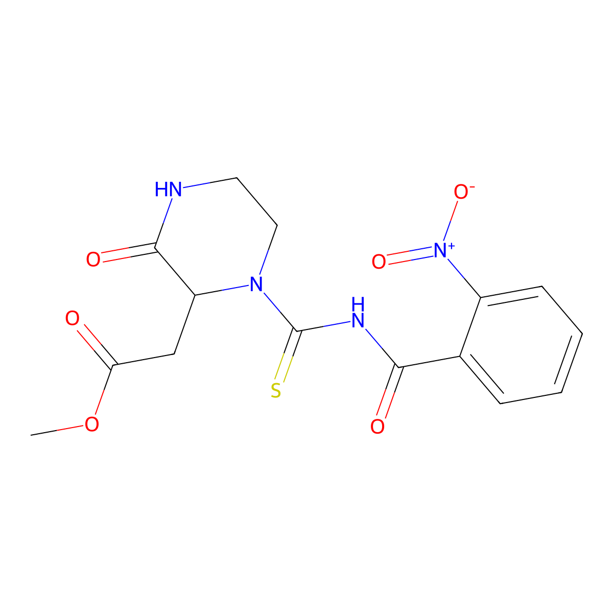 Methyl (1-{[(2-nitrobenzoyl)amino]carbonothioyl}-3-oxo-2-piperazinyl)acetate molecular structure, CAS 1008185-62-3