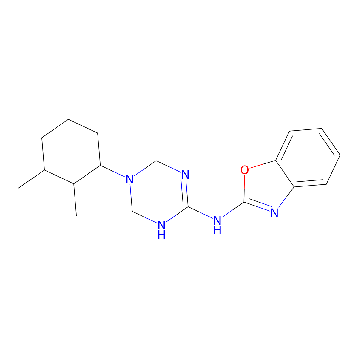 N-(1,3-benzoxazol-2-yl)-N-[5-(2,3-dimethylcyclohexyl)-1,4,5,6-tetrahydro-1,3,5-triazin-2-yl]amine molecular structure, CAS 1008237-30-6