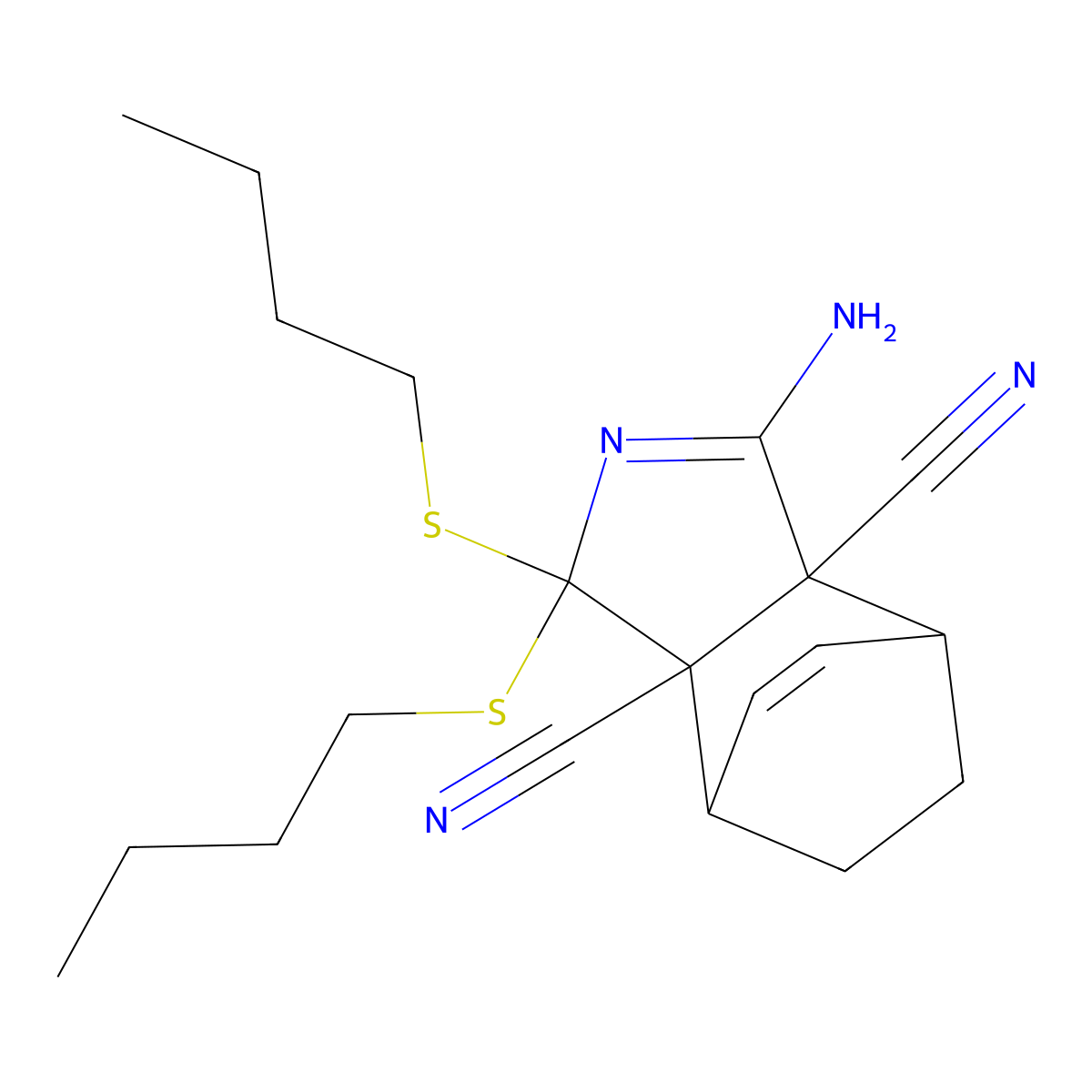 3-amino-1,1-bis(butylsulfanyl)-4,7-dihydro-1H-4,7-ethanoisoindole-3a,7a-dicarbonitrile molecular structure, CAS 1008238-15-0