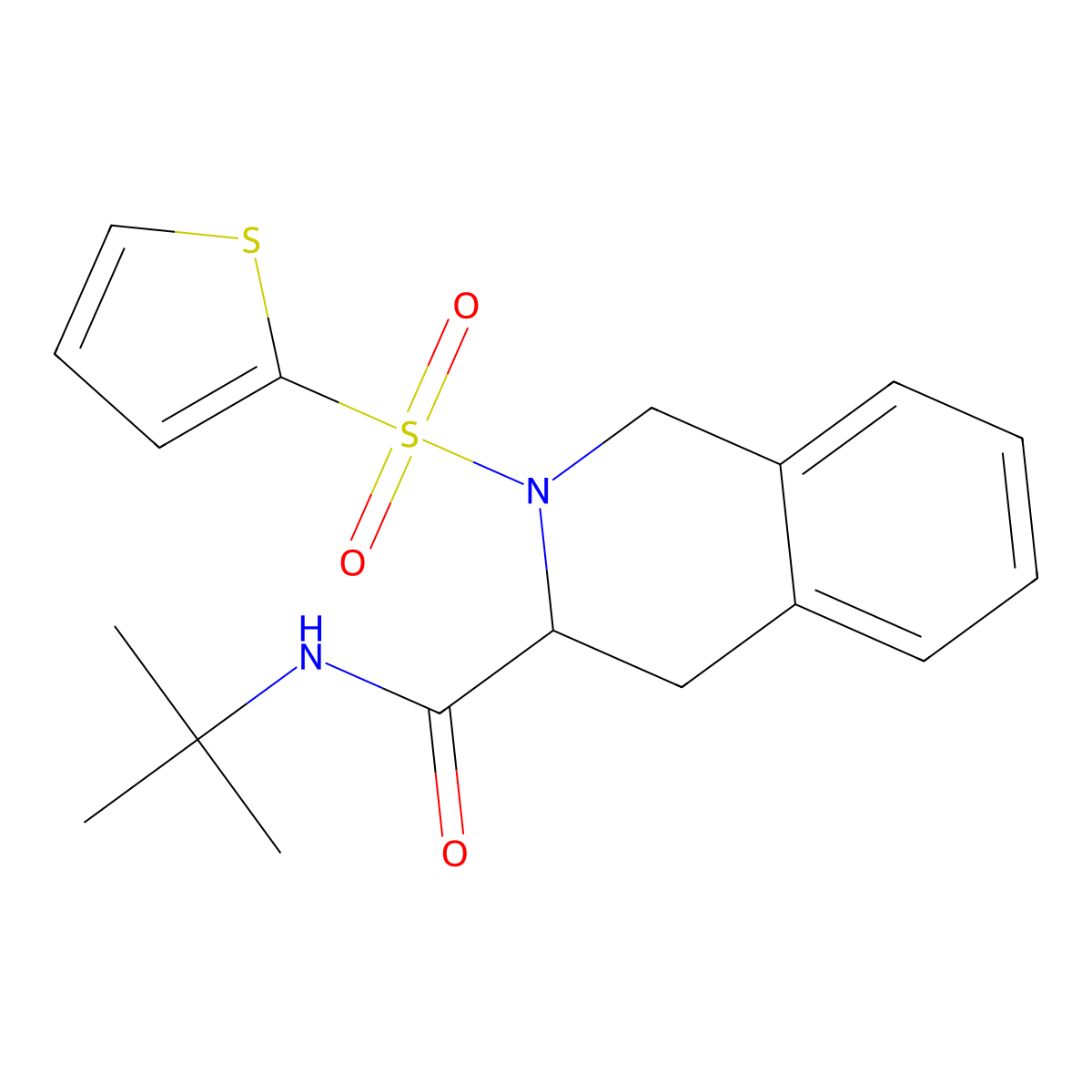 N-tert-butyl-2-thiophen-2-ylsulfonyl-3,4-dihydro-1H-isoquinoline-3-carboxamide molecular structure, CAS 1008243-80-8