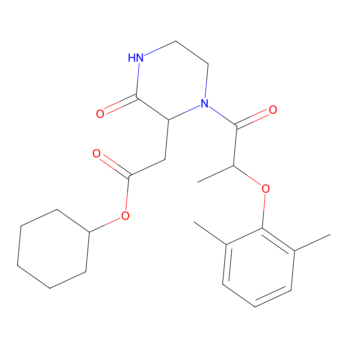 Cyclohexyl {1-[2-(2,6-dimethylphenoxy)propanoyl]-3-oxopiperazin-2-yl}acetate molecular structure, CAS 1008368-38-4