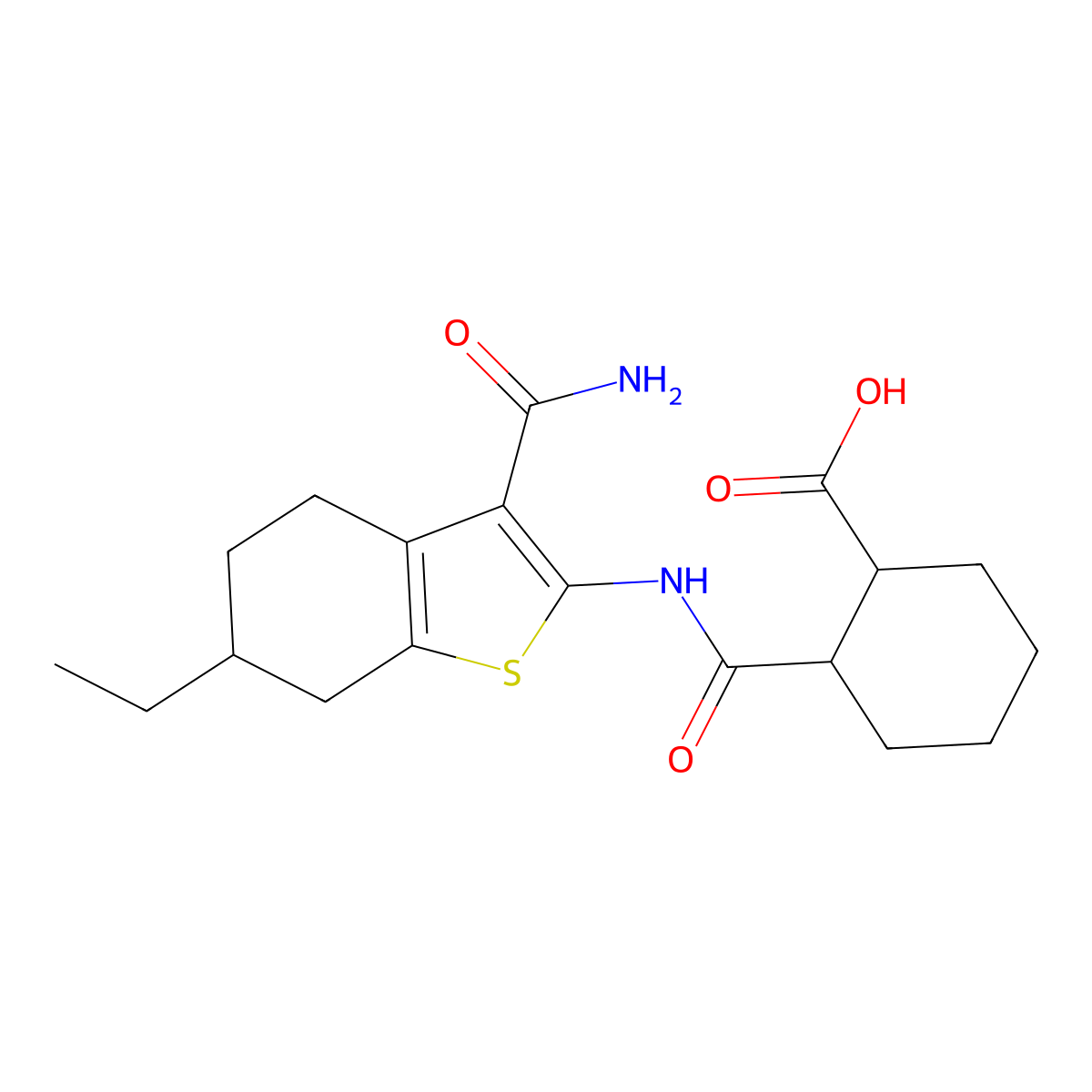 2-[(3-Carbamoyl-6-ethyl-4,5,6,7-tetrahydro-1-benzothiophen-2-yl)carbamoyl]cyclohexanecarboxylic acid molecular structure, CAS 1008379-19-8