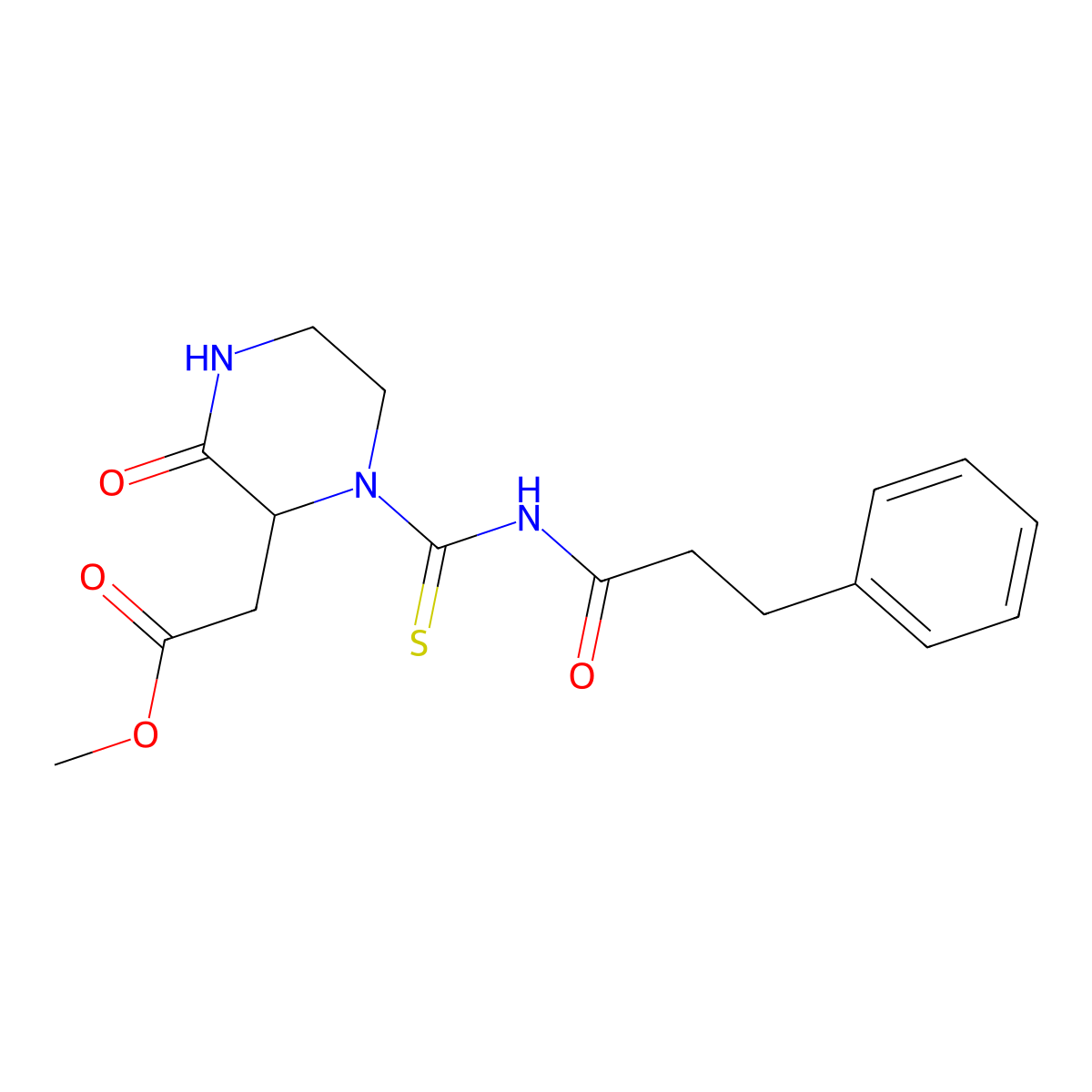Methyl (3-oxo-1-{[(3-phenylpropanoyl)amino]carbonothioyl}-2-piperazinyl)acetate molecular structure, CAS 1008396-26-6