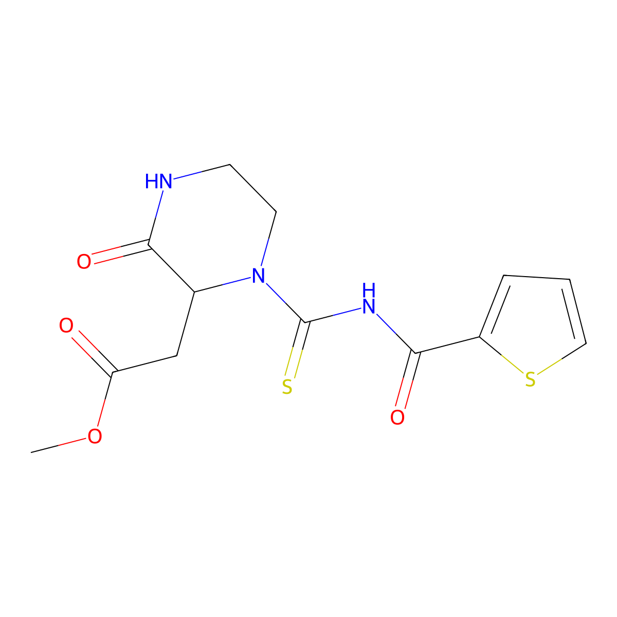 Methyl {3-oxo-1-[(thiophen-2-ylcarbonyl)carbamothioyl]piperazin-2-yl}acetate molecular structure, CAS 1008463-49-7