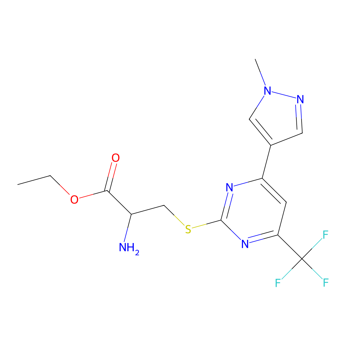 Ethyl 2-amino-3-((4-(1-methyl-1H-pyrazol-4-yl)-6-(trifluoromethyl)pyrimidin-2-yl)thio)propanoate molecular structure, CAS 1008465-61-9
