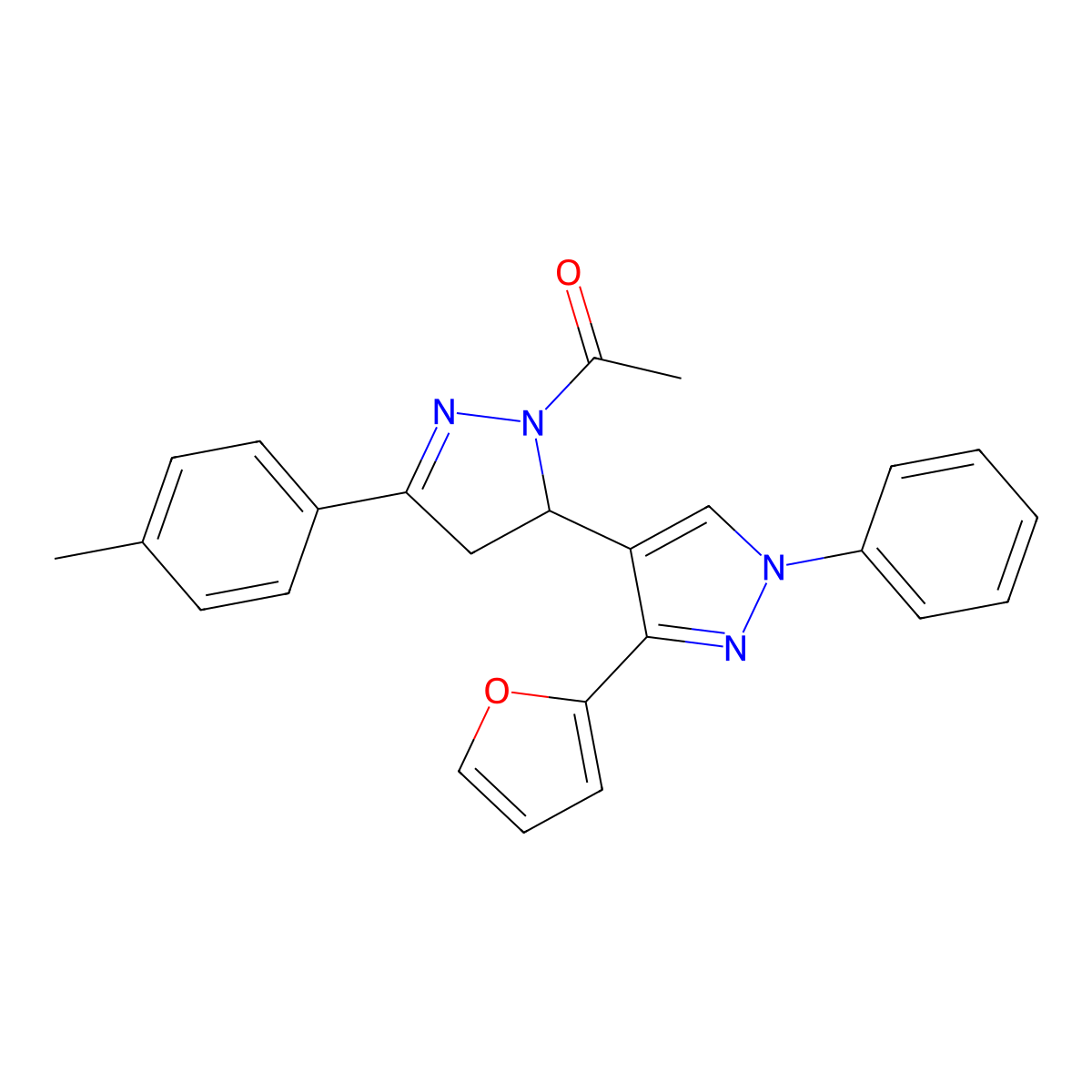 1-(3'-(furan-2-yl)-1'-phenyl-5-(p-tolyl)-3,4-dihydro-1'H,2H-[3,4'-bipyrazol]-2-yl)ethanone molecular structure, CAS 1008473-69-5