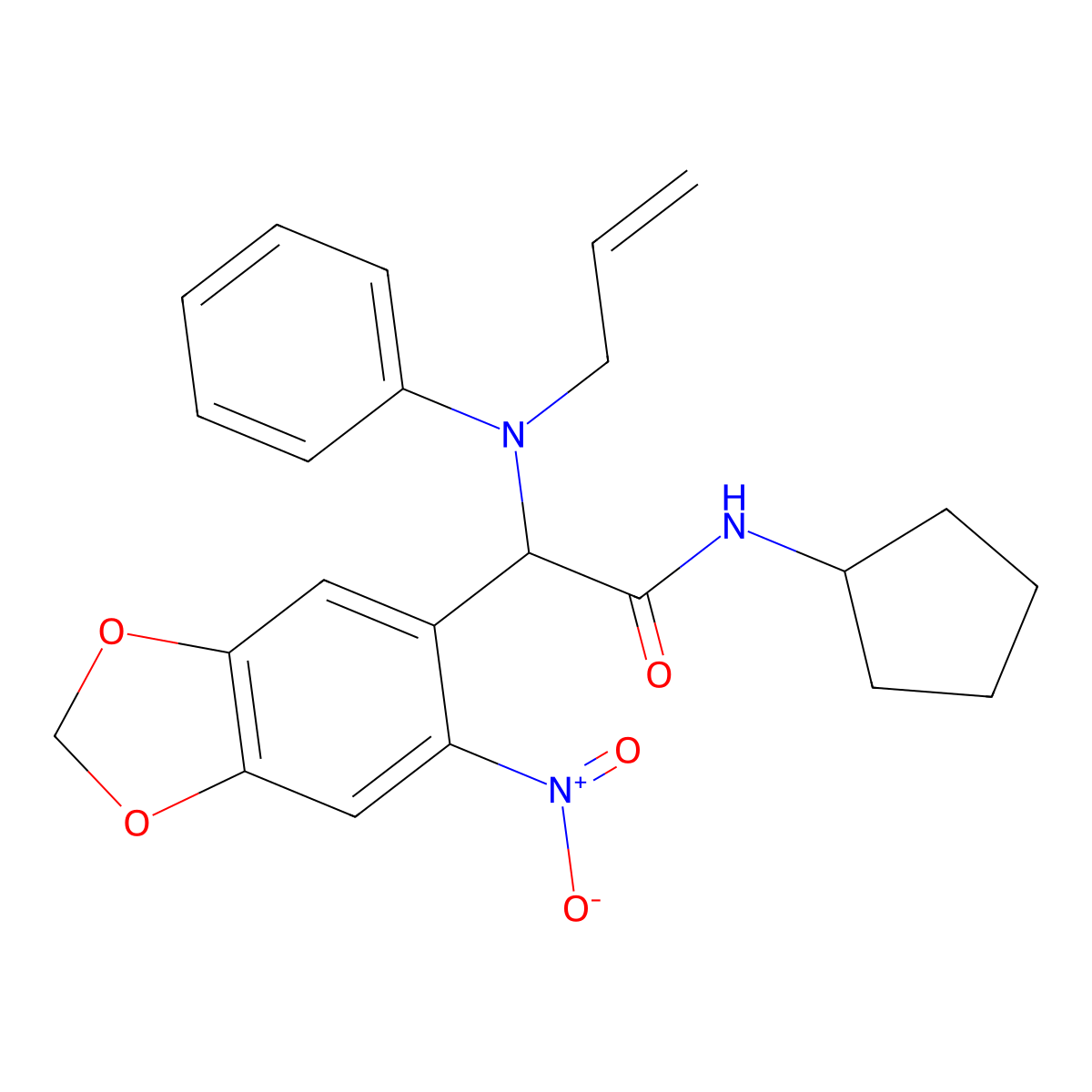 2-(allyl(phenyl)amino)-N-cyclopentyl-2-(6-nitrobenzo[d][1,3]dioxol-5-yl)acetamide molecular structure, CAS 1008483-01-9