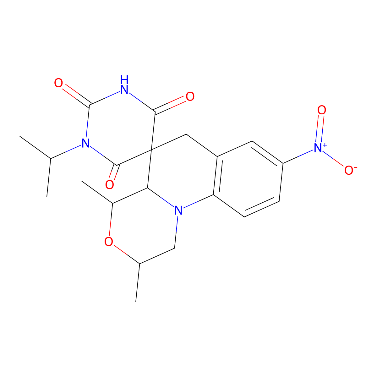 2',4'-dimethyl-8'-nitro-1-propan-2-ylspiro[1,3-diazinane-5,5'-2,4,4a,6-tetrahydro-1H-[1,4]oxazino[4,3-a]quinoline]-2,4,6-trione molecular structure, CAS 1008577-12-5