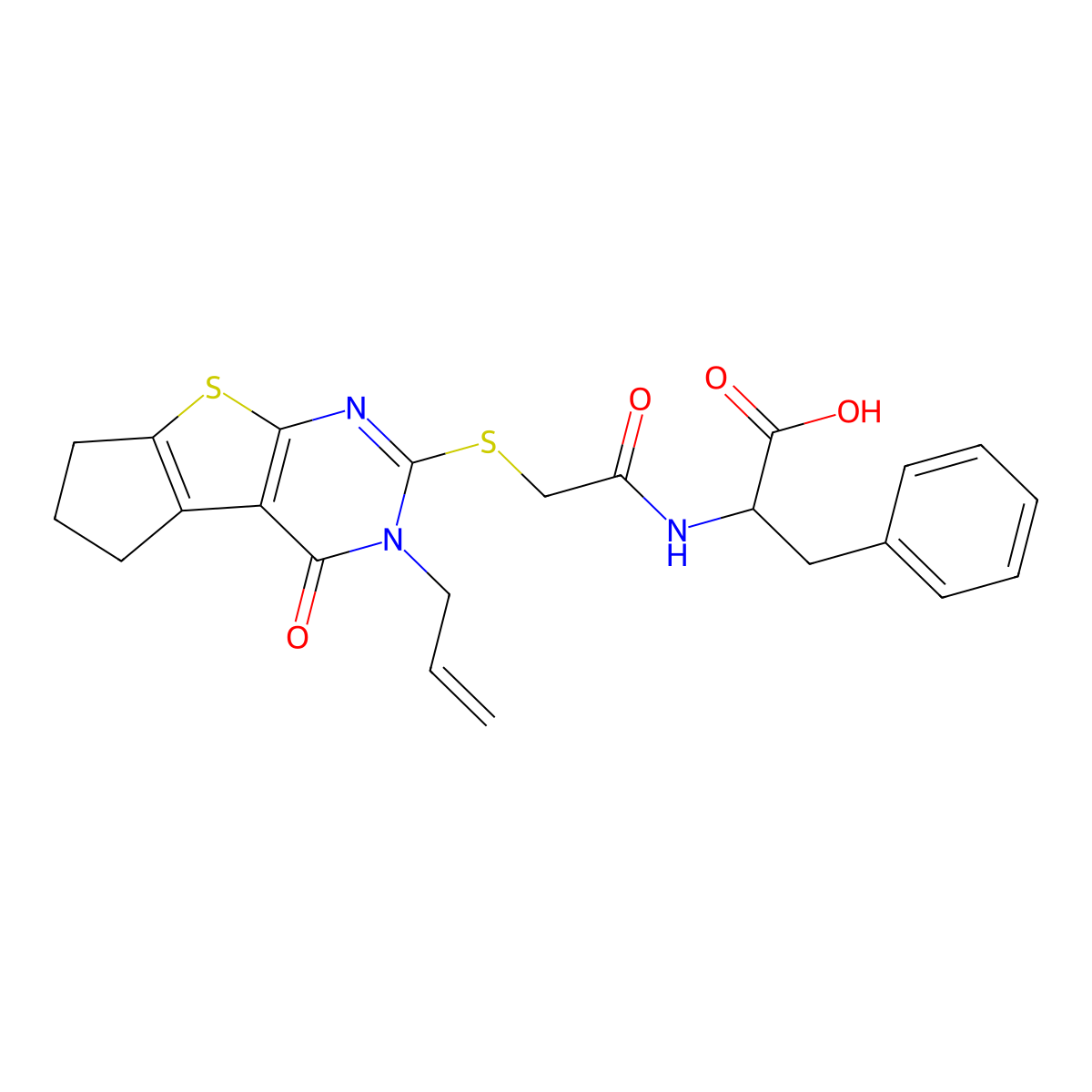 2-(2-((3-allyl-4-oxo-4,5,6,7-tetrahydro-3H-cyclopenta[4,5]thieno[2,3-d]pyrimidin-2-yl)thio)acetamido)-3-phenylpropanoic acid molecular structure, CAS 1008579-51-8
