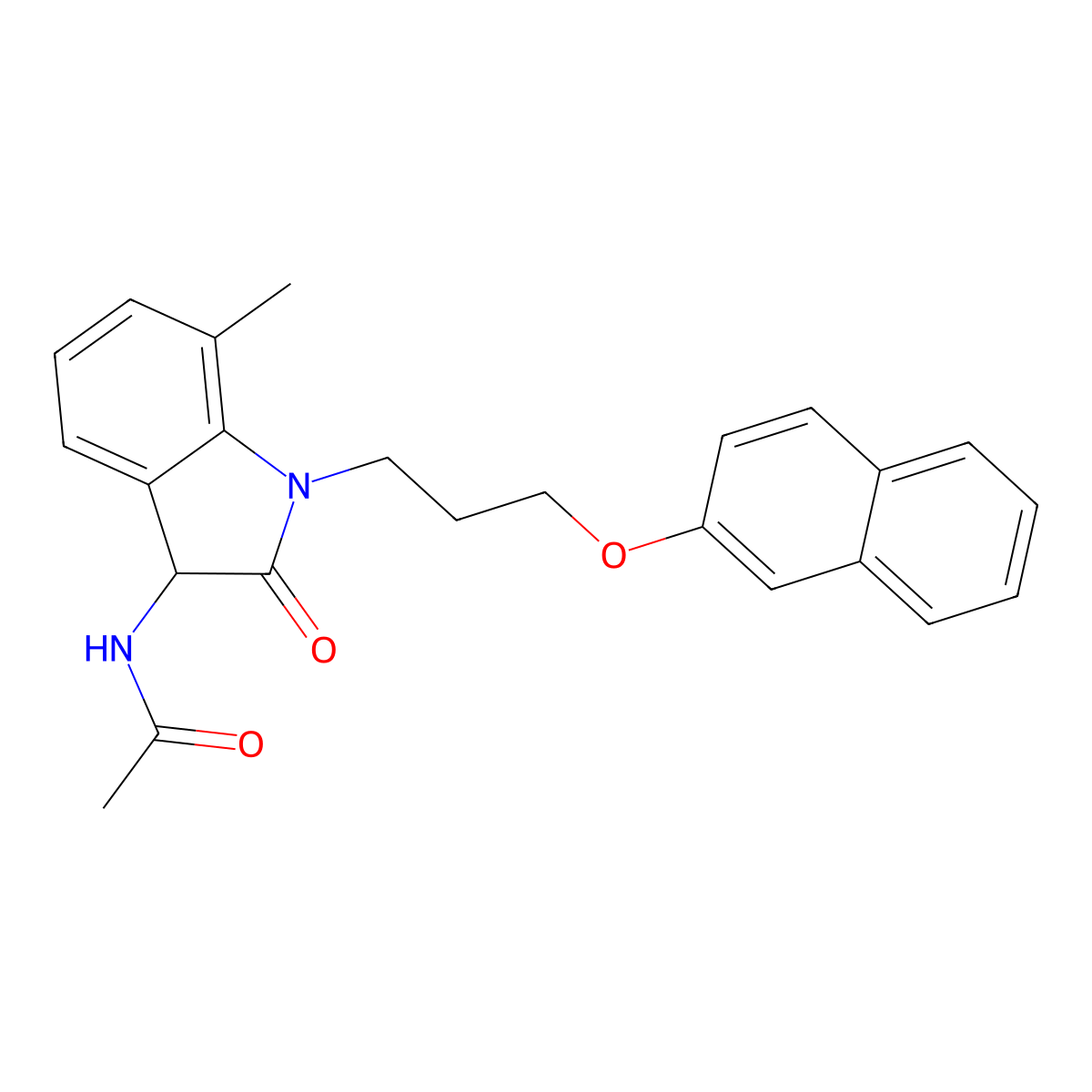 N-[7-methyl-1-(3-(2-naphthyloxy)propyl)-2-oxoindolin-3-yl]acetamide molecular structure, CAS 1008588-93-9