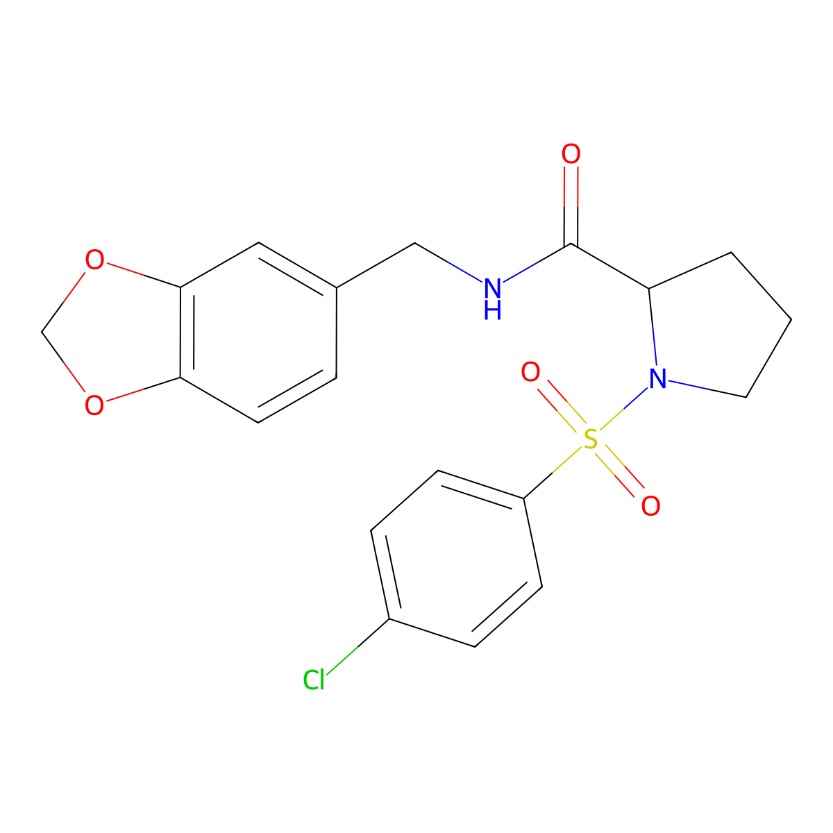 N-(1,3-benzodioxol-5-ylmethyl)-1-(4-chlorophenyl)sulfonylpyrrolidine-2-carboxamide molecular structure, CAS 1008639-90-4