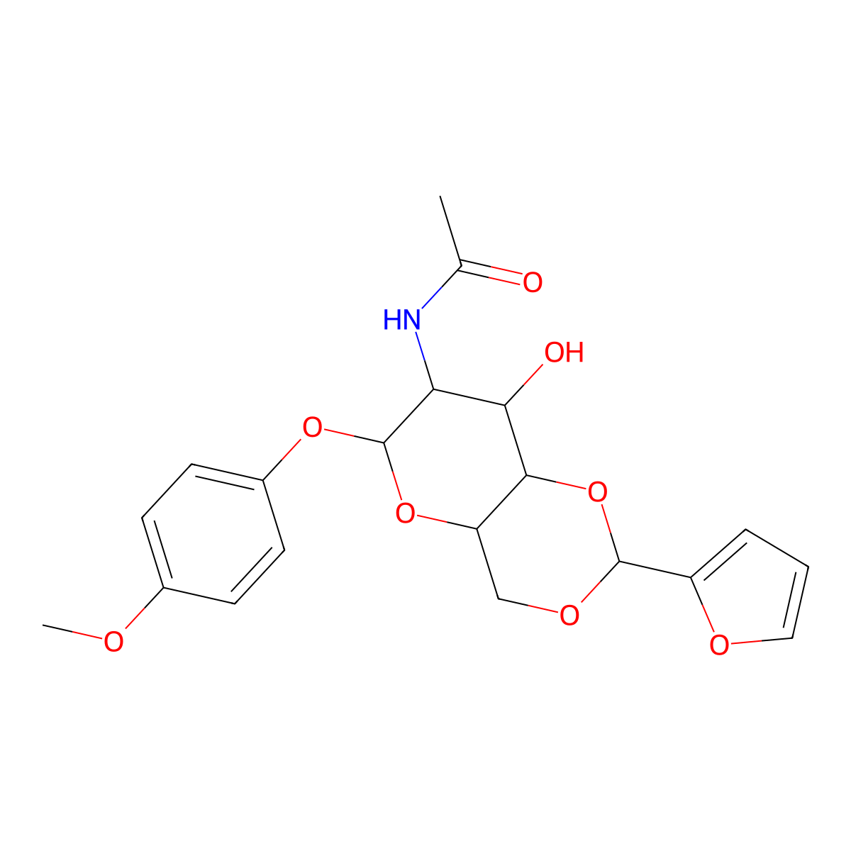 N-[2-(furan-2-yl)-8-hydroxy-6-(4-methoxyphenoxy)-4,4a,6,7,8,8a-hexahydropyrano[3,2-d][1,3]dioxin-7-yl]acetamide molecular structure, CAS 1008645-97-3