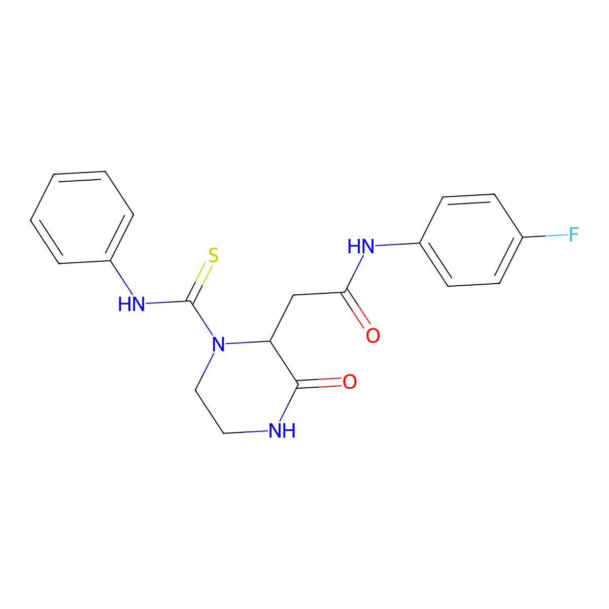N-(4-fluorophenyl)-2-[3-oxo-1-(phenylcarbamothioyl)piperazin-2-yl]acetamide molecular structure, CAS 1008681-15-9