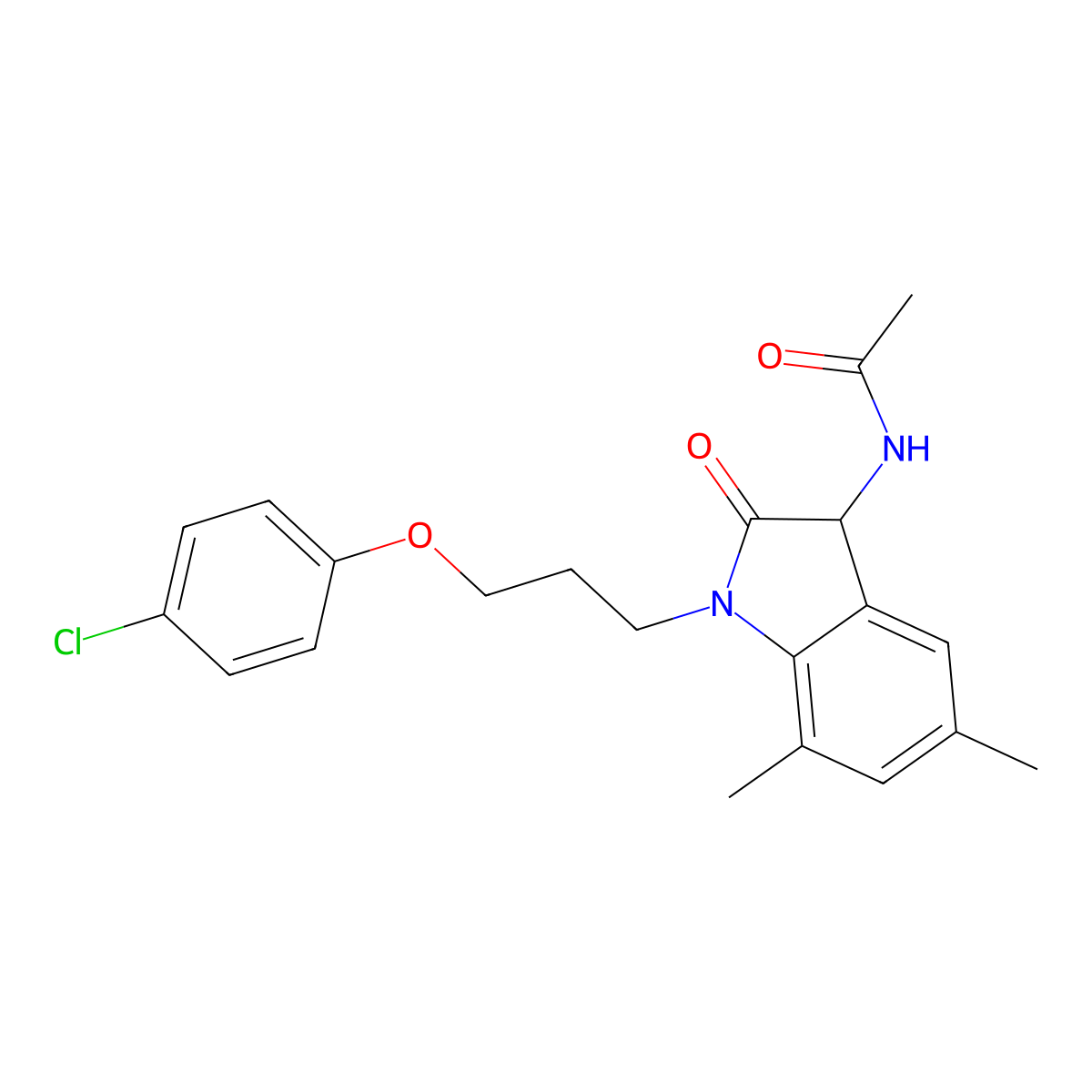 N-{1-[3-(4-chlorophenoxy)propyl]-5,7-dimethyl-2-oxo-2,3-dihydro-1H-indol-3-yl}acetamide molecular structure, CAS 1008690-48-9