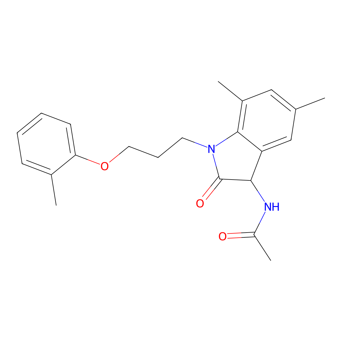 N-(5,7-dimethyl-2-oxo-1-(3-(o-tolyloxy)propyl)indolin-3-yl)acetamide molecular structure, CAS 1008690-49-0