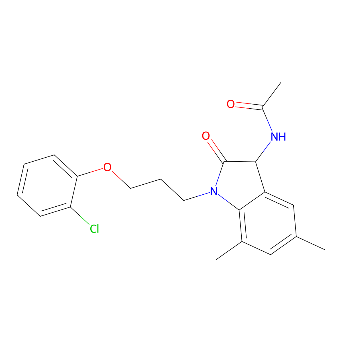 N-{1-[3-(2-chlorophenoxy)propyl]-5,7-dimethyl-2-oxo-2,3-dihydro-1H-indol-3-yl}acetamide molecular structure, CAS 1008690-53-6