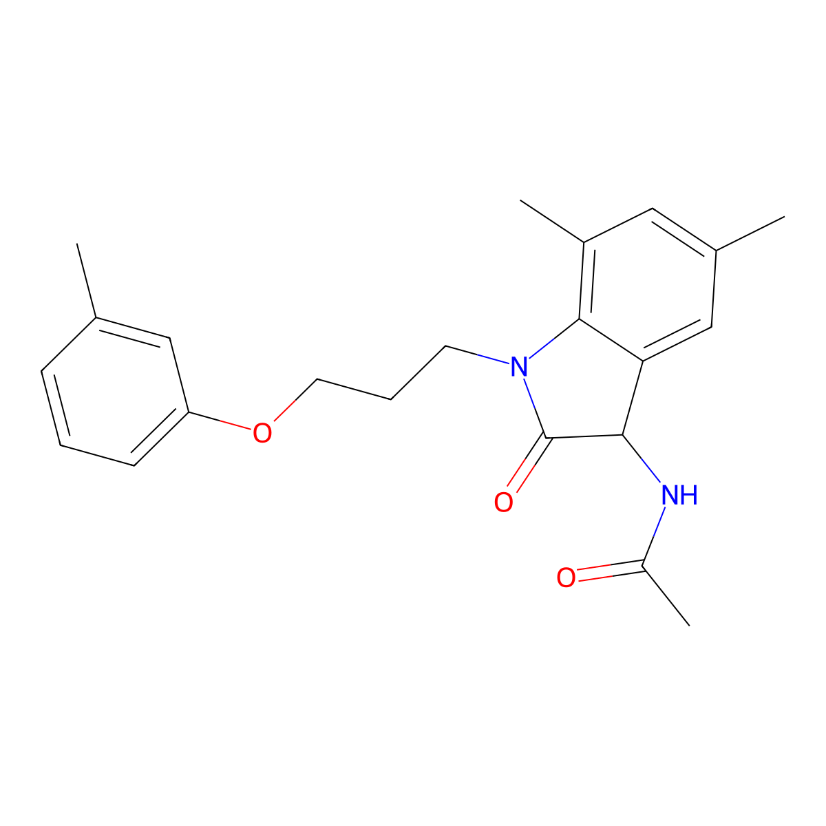 N-(5,7-dimethyl-2-oxo-1-(3-(m-tolyloxy)propyl)indolin-3-yl)acetamide molecular structure, CAS 1008693-84-2