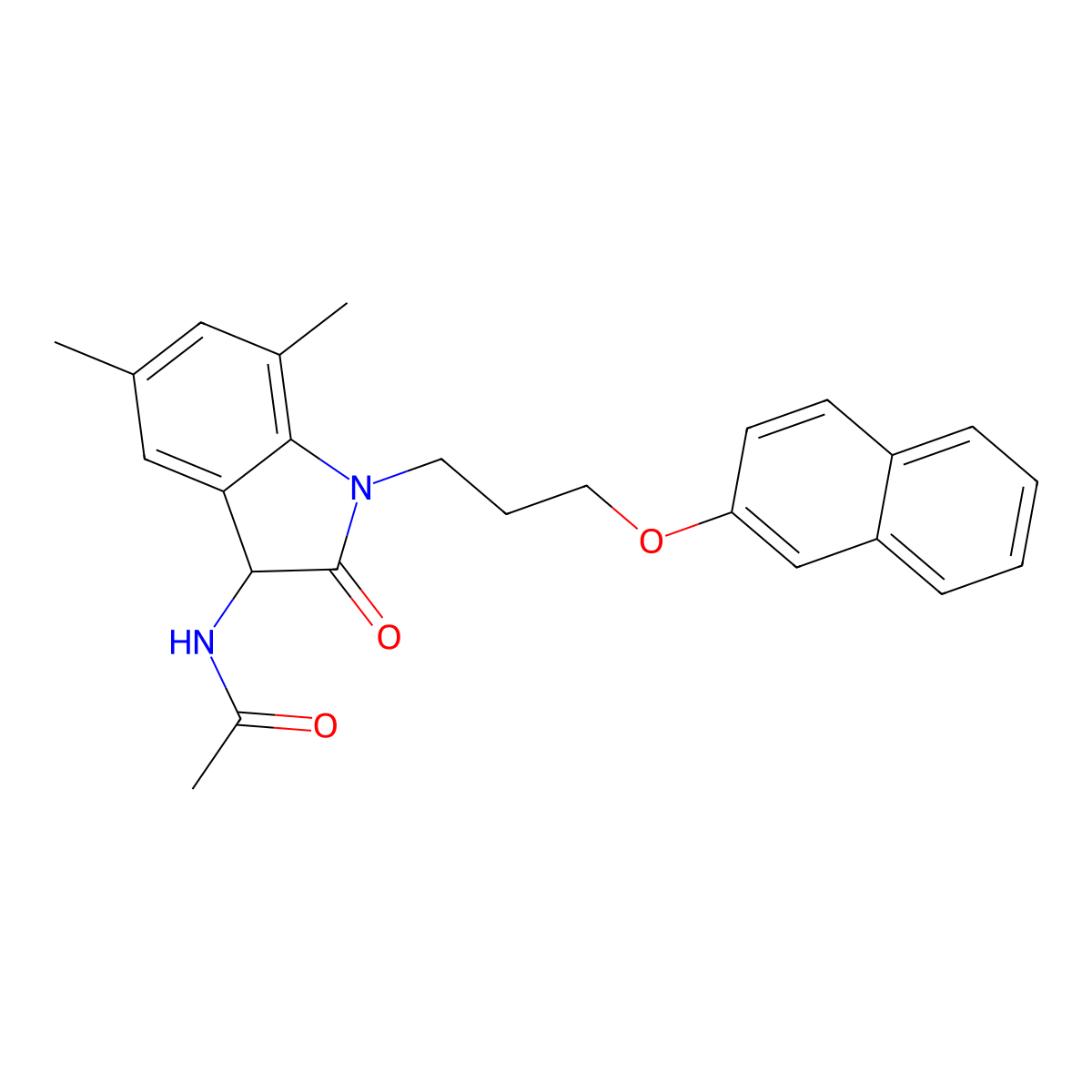 N-{5,7-dimethyl-1-[3-(naphthalen-2-yloxy)propyl]-2-oxo-2,3-dihydro-1H-indol-3-yl}acetamide molecular structure, CAS 1008693-87-5