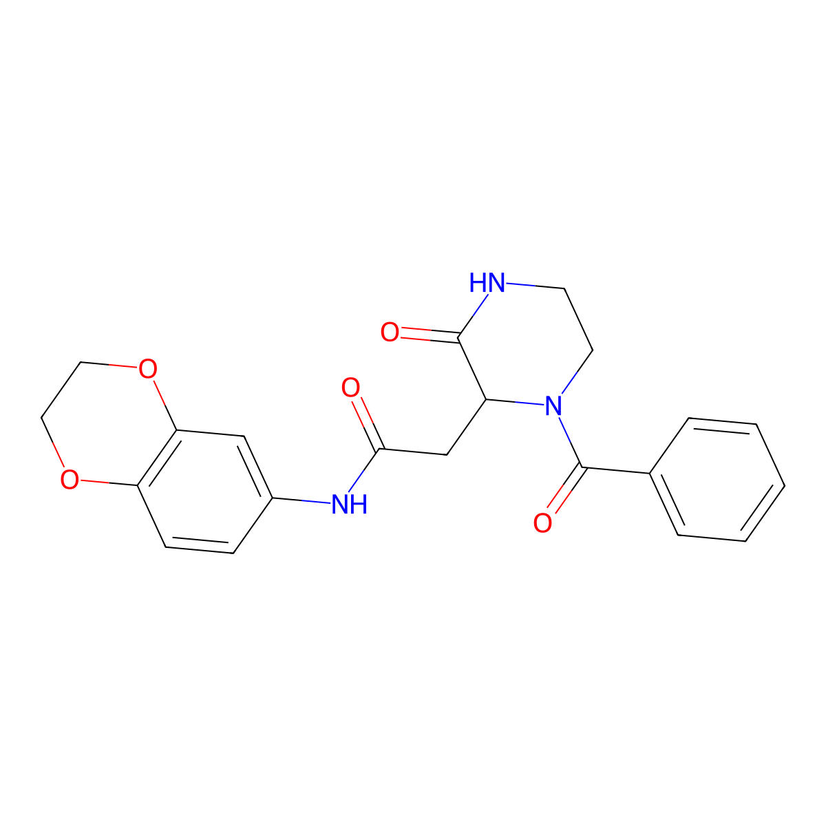 N-(2,3-dihydro-1,4-benzodioxin-6-yl)-2-[3-oxo-1-(phenylcarbonyl)piperazin-2-yl]acetamide molecular structure, CAS 1008704-44-6