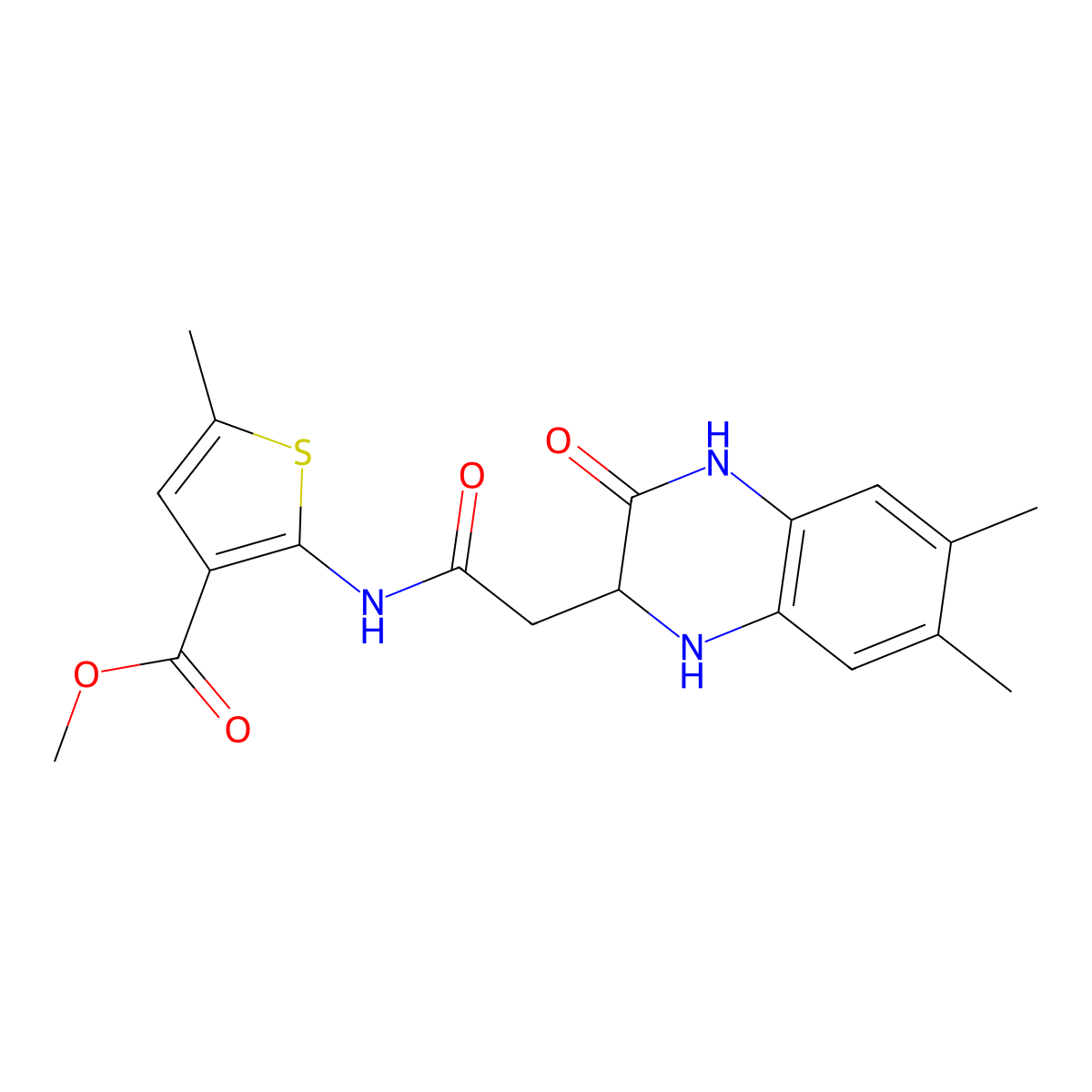 Methyl 2-(2-(6,7-dimethyl-3-oxo-1,2,3,4-tetrahydroquinoxalin-2-yl)acetamido)-5-methylthiophene-3-carboxylate molecular structure, CAS 1008711-10-1