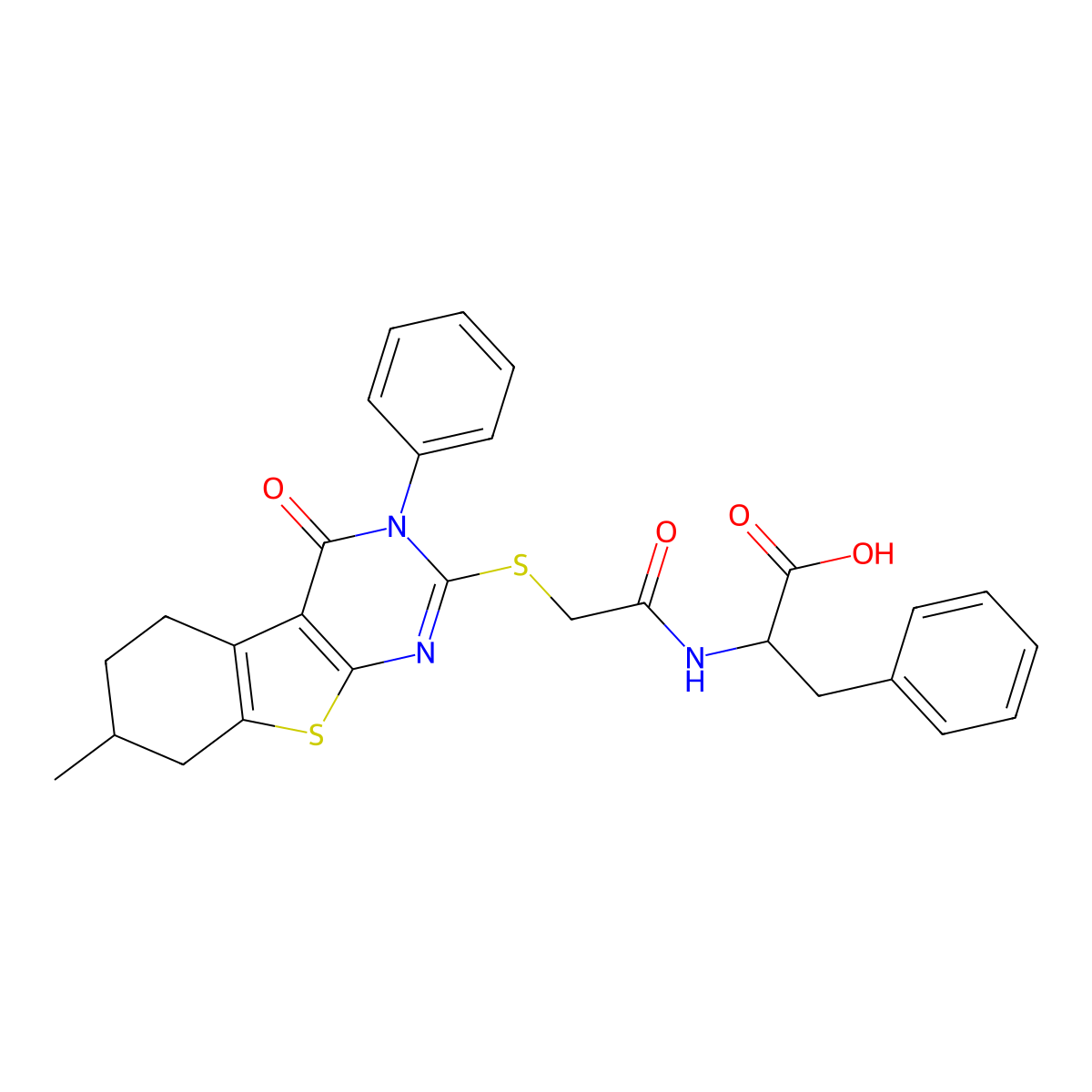 2-[[2-[(7-Methyl-4-oxo-3-phenyl-5,6,7,8-tetrahydro-[1]benzothiolo[2,3-d]pyrimidin-2-yl)sulfanyl]acetyl]amino]-3-phenylpropanoic acid molecular structure, CAS 1008712-47-7