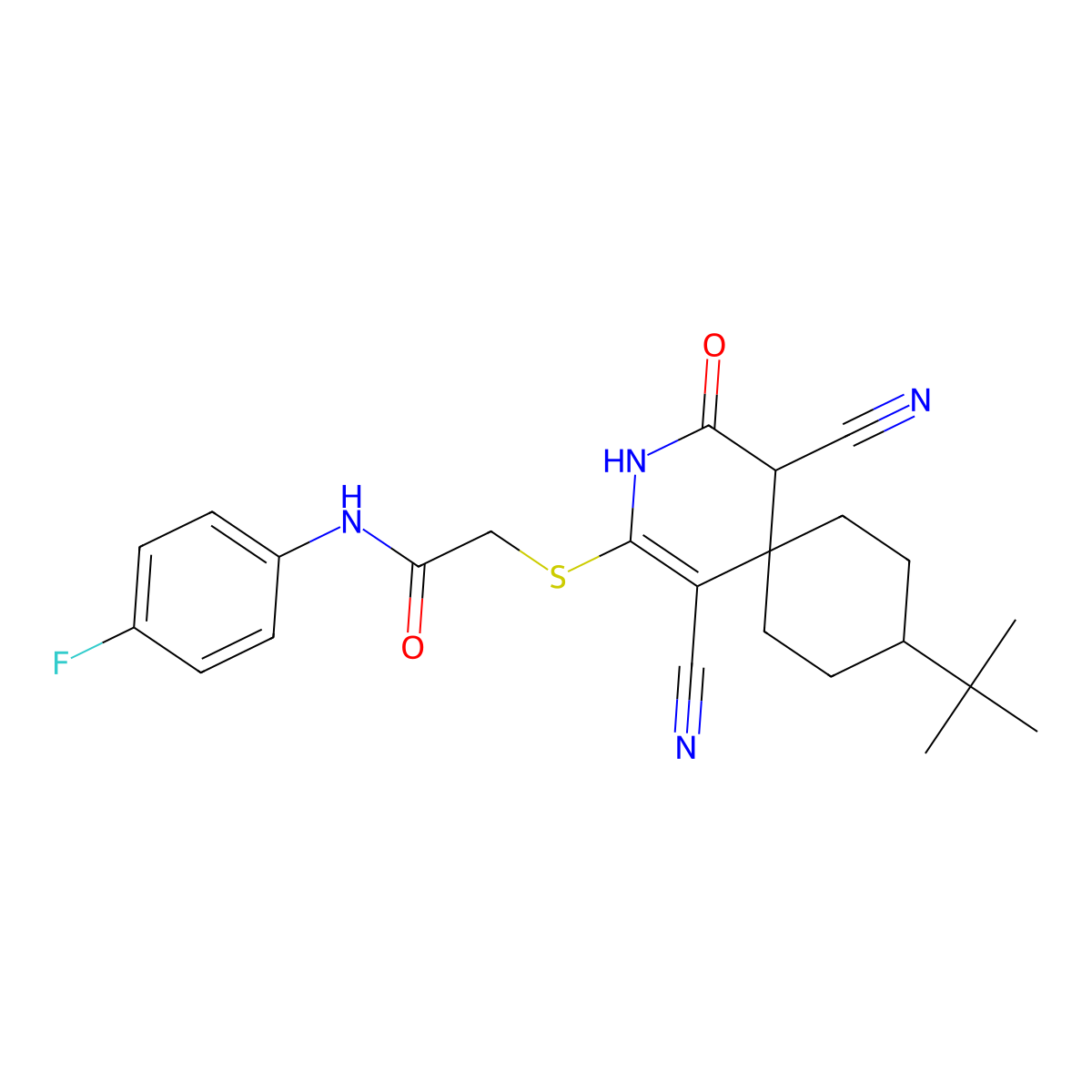 2-[(9-tert-butyl-1,5-dicyano-4-hydroxy-3-azaspiro[5.5]undeca-1,3-dien-2-yl)sulfanyl]-N-(4-fluorophenyl)acetamide molecular structure, CAS 1008858-10-3