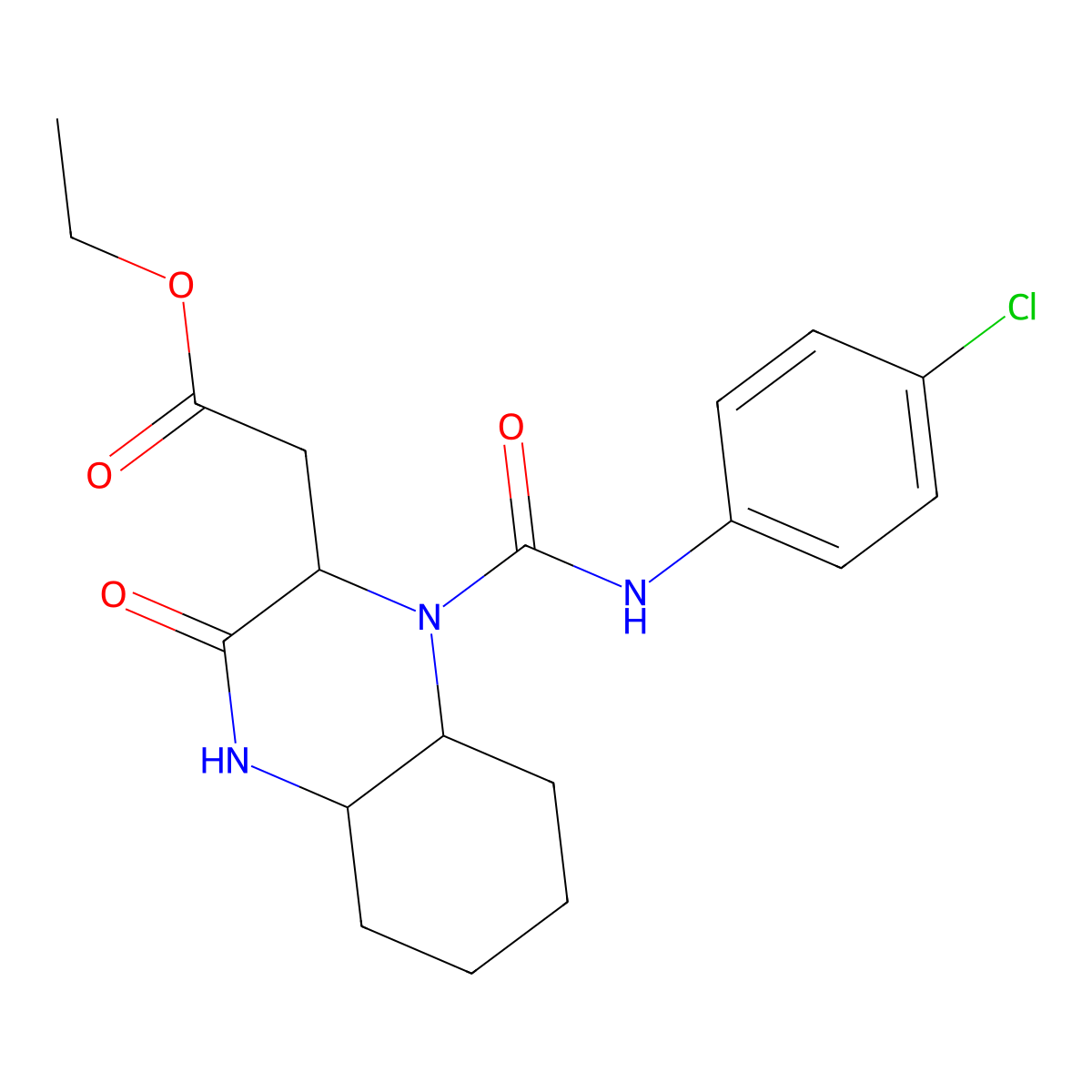 Ethyl (1-{[(4-chlorophenyl)amino]carbonyl}-3-oxodecahydro-2-quinoxalinyl)acetate molecular structure, CAS 1008936-41-1