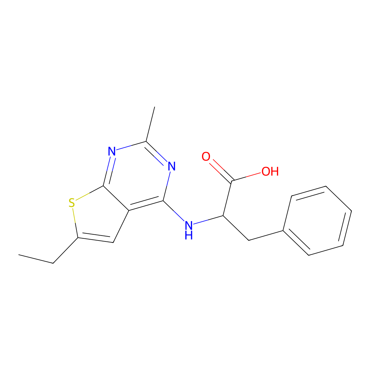 2-(6-Ethyl-2-methyl-thieno[2,3-d]pyrimidin-4-ylamino)-3-phenyl-propionic acid molecular structure, CAS 1008946-37-9