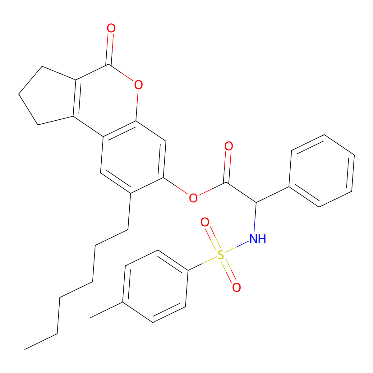 8-Hexyl-4-oxo-1,2,3,4-tetrahydrocyclopenta[c]chromen-7-yl 2-(4-methylphenylsulfonamido)-2-phenylacetate molecular structure, CAS 1008978-40-2