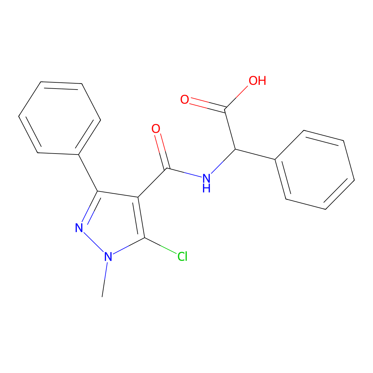 2-{[(5-chloro-1-methyl-3-phenyl-1H-pyrazol-4-yl)carbonyl]amino}-2-phenylacetic acid molecular structure, CAS 1008985-67-8
