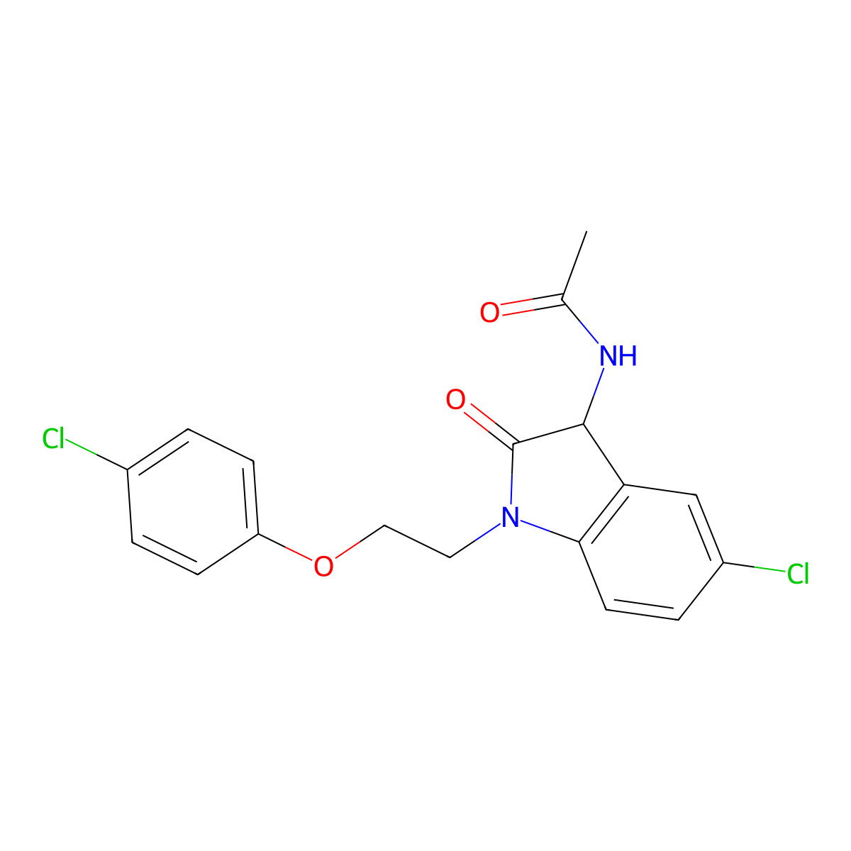 N-{5-chloro-1-[2-(4-chlorophenoxy)ethyl]-2-oxo-2,3-dihydro-1H-indol-3-yl}acetamide molecular structure, CAS 1009038-59-8