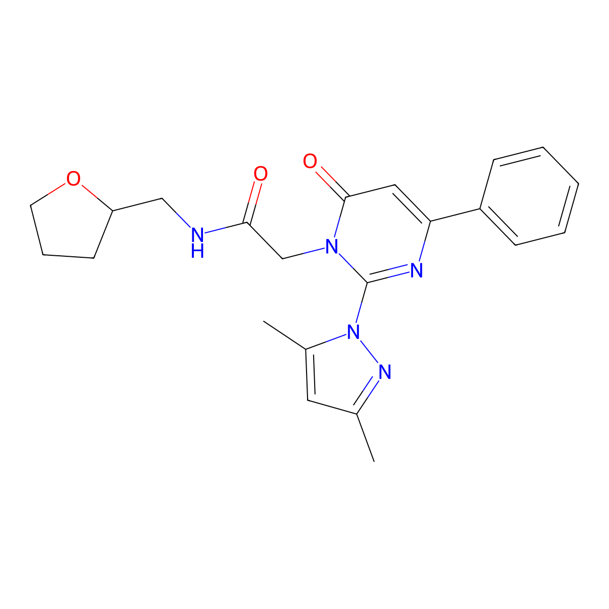 2-(2-(3,5-dimethyl-1H-pyrazol-1-yl)-6-oxo-4-phenylpyrimidin-1(6H)-yl)-N-((tetrahydrofuran-2-yl)methyl)acetamide molecular structure, CAS 1009040-92-9