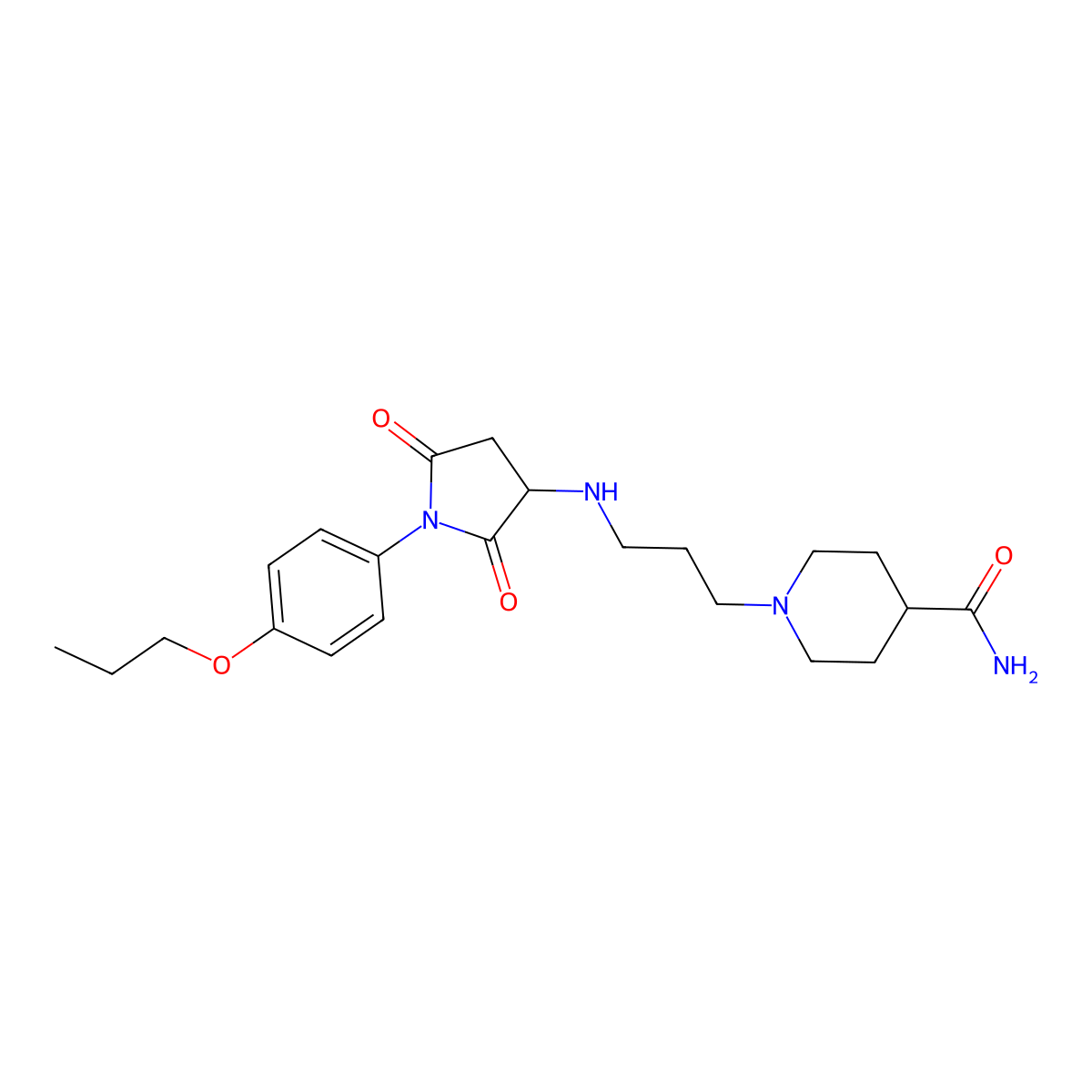 1-(3-{[2,5-Dioxo-1-(4-propoxyphenyl)-3-pyrrolidinyl]amino}propyl)-4-piperidinecarboxamide molecular structure, CAS 1009054-42-5