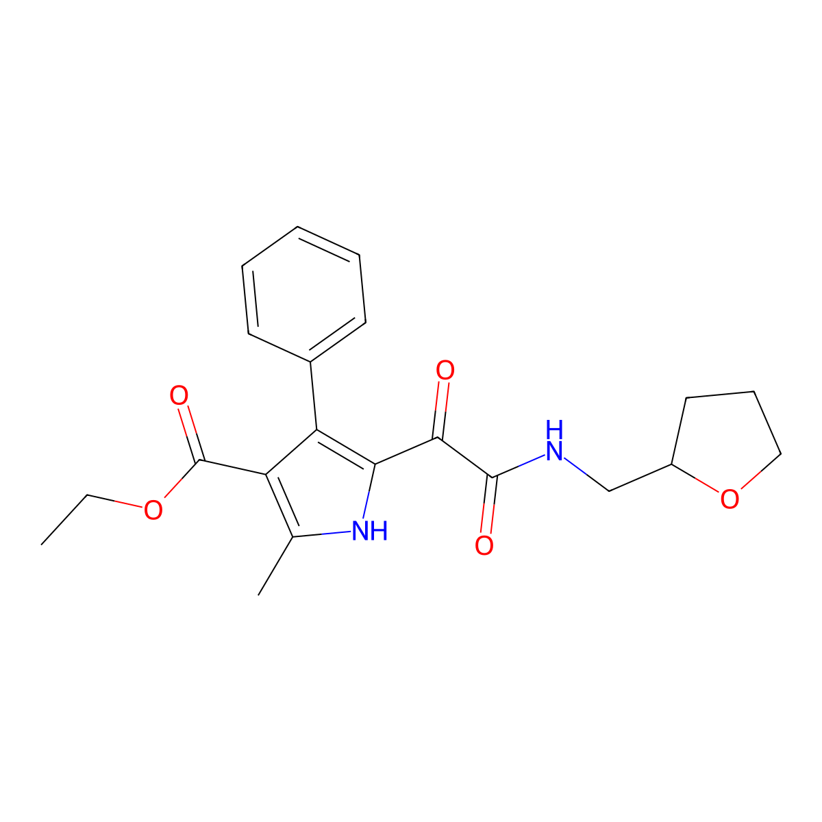 ethyl 2-methyl-5-(2-oxo-2-(((tetrahydrofuran-2-yl)methyl)amino)acetyl)-4-phenyl-1H-pyrrole-3-carboxylate molecular structure, CAS 1009055-10-0