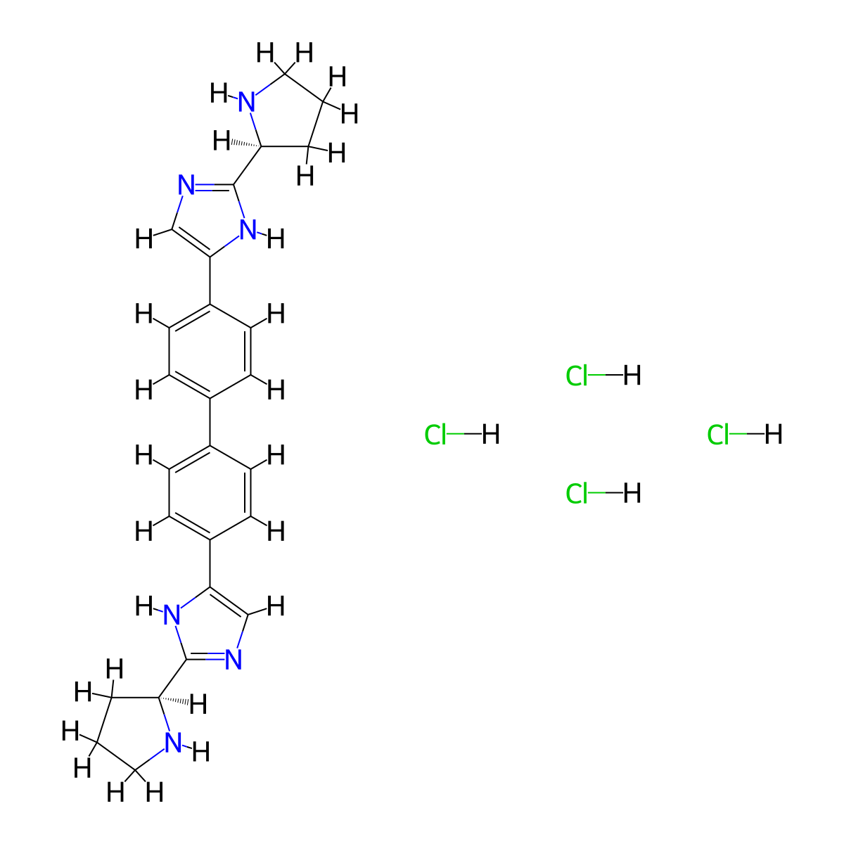 2-((2S)-Pyrrolidin-2-yl)-5-(4-(4-(2-((2S)-pyrrolidin-2-yl)-1H-imidazol-5-yl)phenyl)phenyl)-1himidazole tetrahydrochloride molecular structure, CAS 1009119-83-8