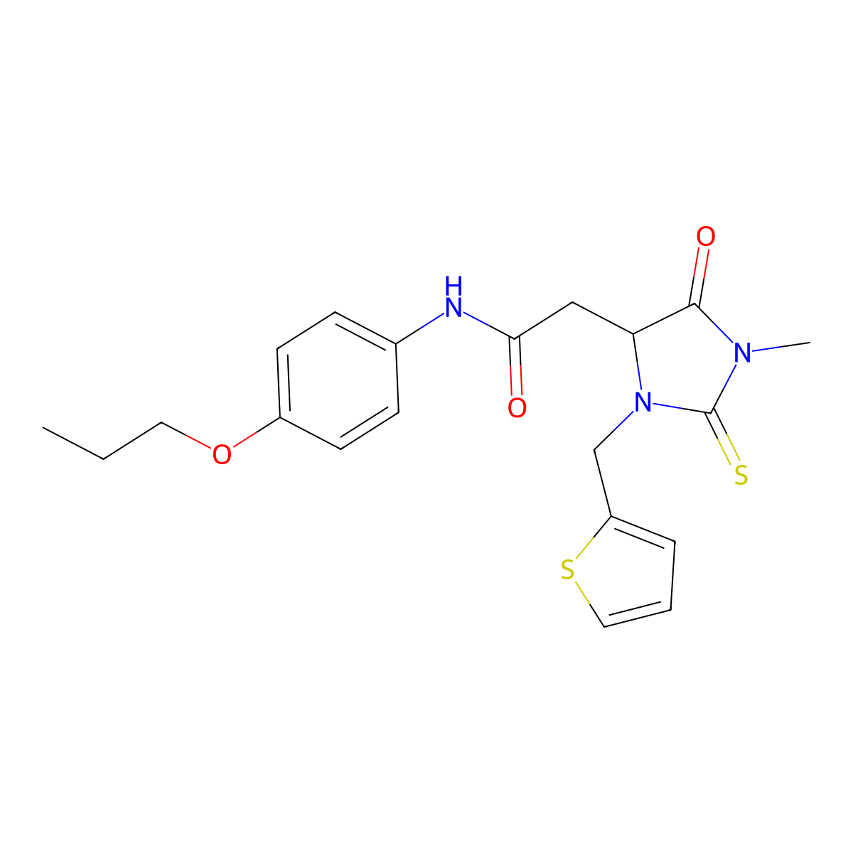 2-[1-methyl-5-oxo-3-(2-thienylmethyl)-2-thioxo-4-imidazolidinyl]-N-(4-propoxyphenyl)acetamide molecular structure, CAS 1009251-91-5