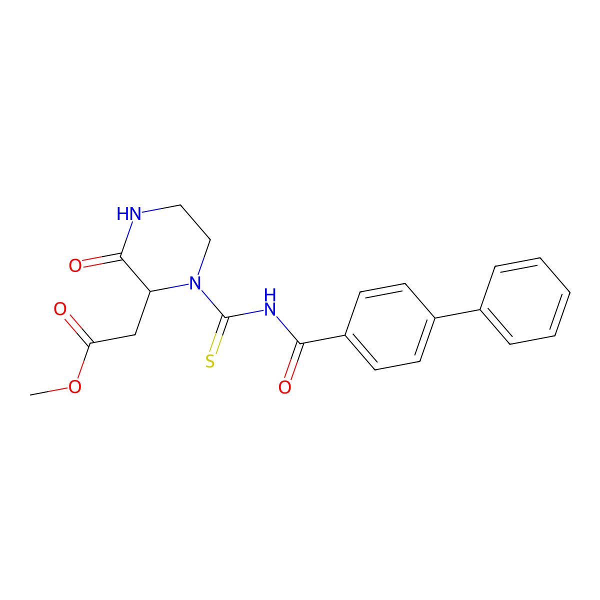 Methyl {1-[(biphenyl-4-ylcarbonyl)carbamothioyl]-3-oxopiperazin-2-yl}acetate molecular structure, CAS 1009291-46-6