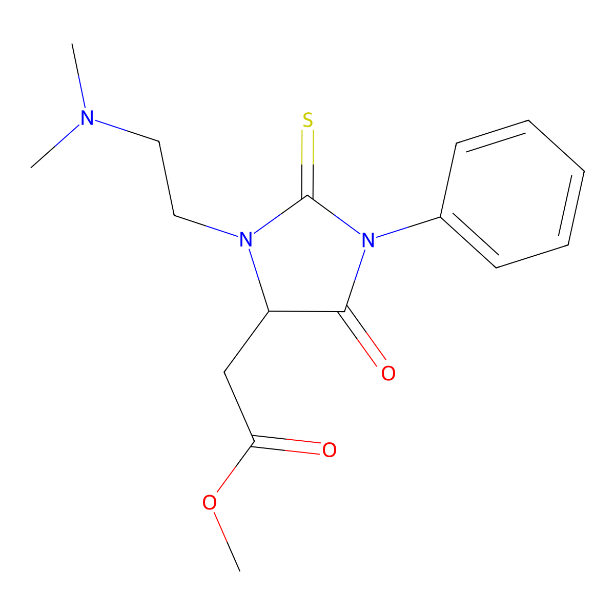 Methyl {3-[2-(dimethylamino)ethyl]-5-oxo-1-phenyl-2-thioxoimidazolidin-4-yl}acetate molecular structure, CAS 1009332-57-3
