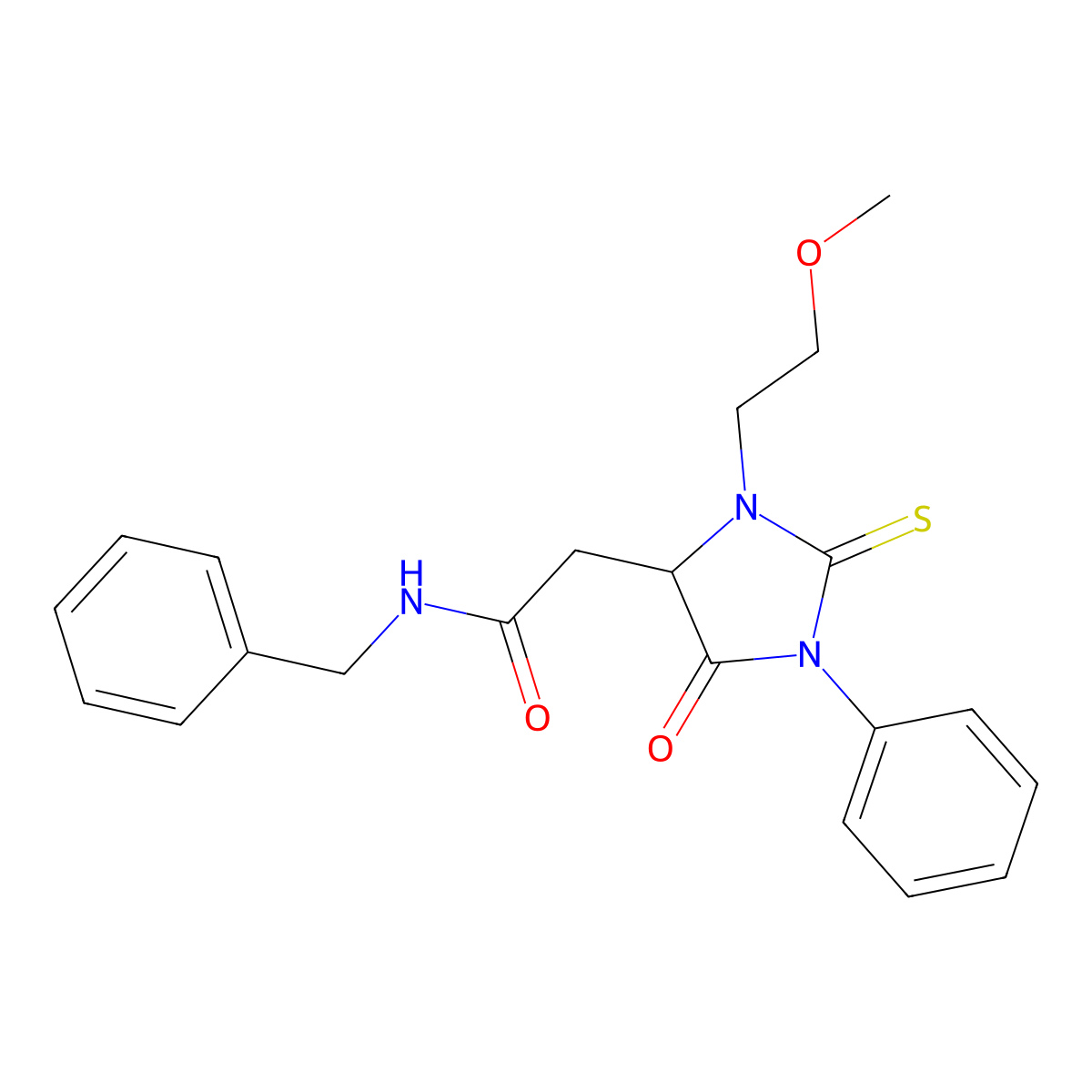 N-benzyl-2-(3-(2-methoxyethyl)-5-oxo-1-phenyl-2-thioxoimidazolidin-4-yl)acetamide molecular structure, CAS 1009335-61-8