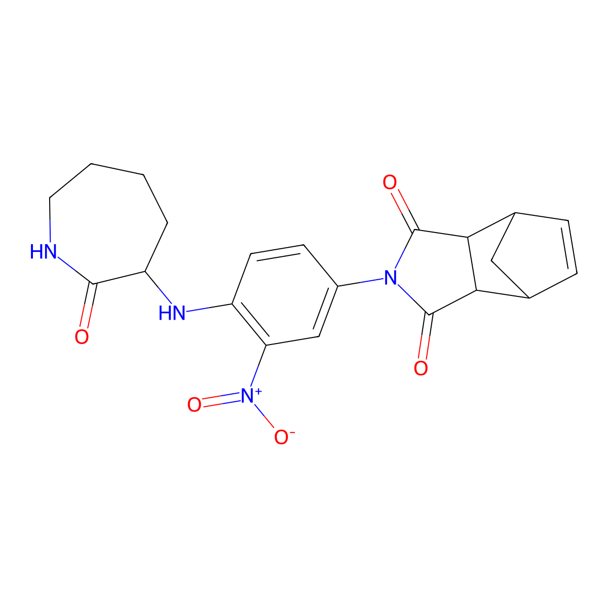 2-(3-nitro-4-((2-oxoazepan-3-yl)amino)phenyl)-3a,4,7,7a-tetrahydro-1H-4,7-methanoisoindole-1,3(2H)-dione molecular structure, CAS 1009350-72-4