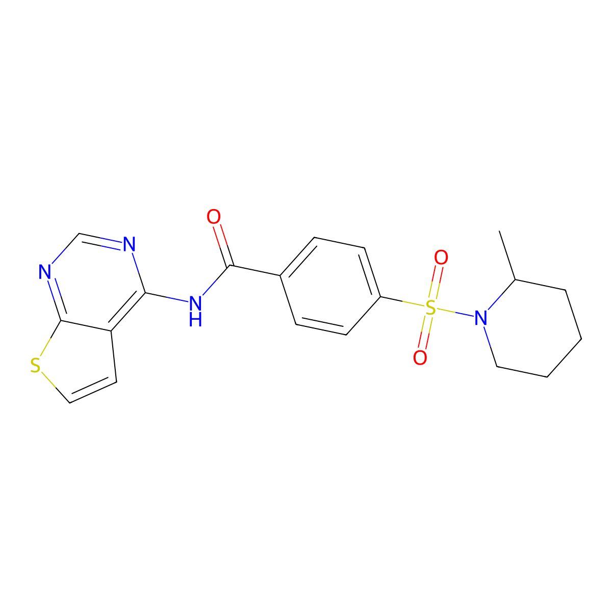 4-((2-methylpiperidin-1-yl)sulfonyl)-N-(thieno[2,3-d]pyrimidin-4-yl)benzamide molecular structure, CAS 1009410-58-5